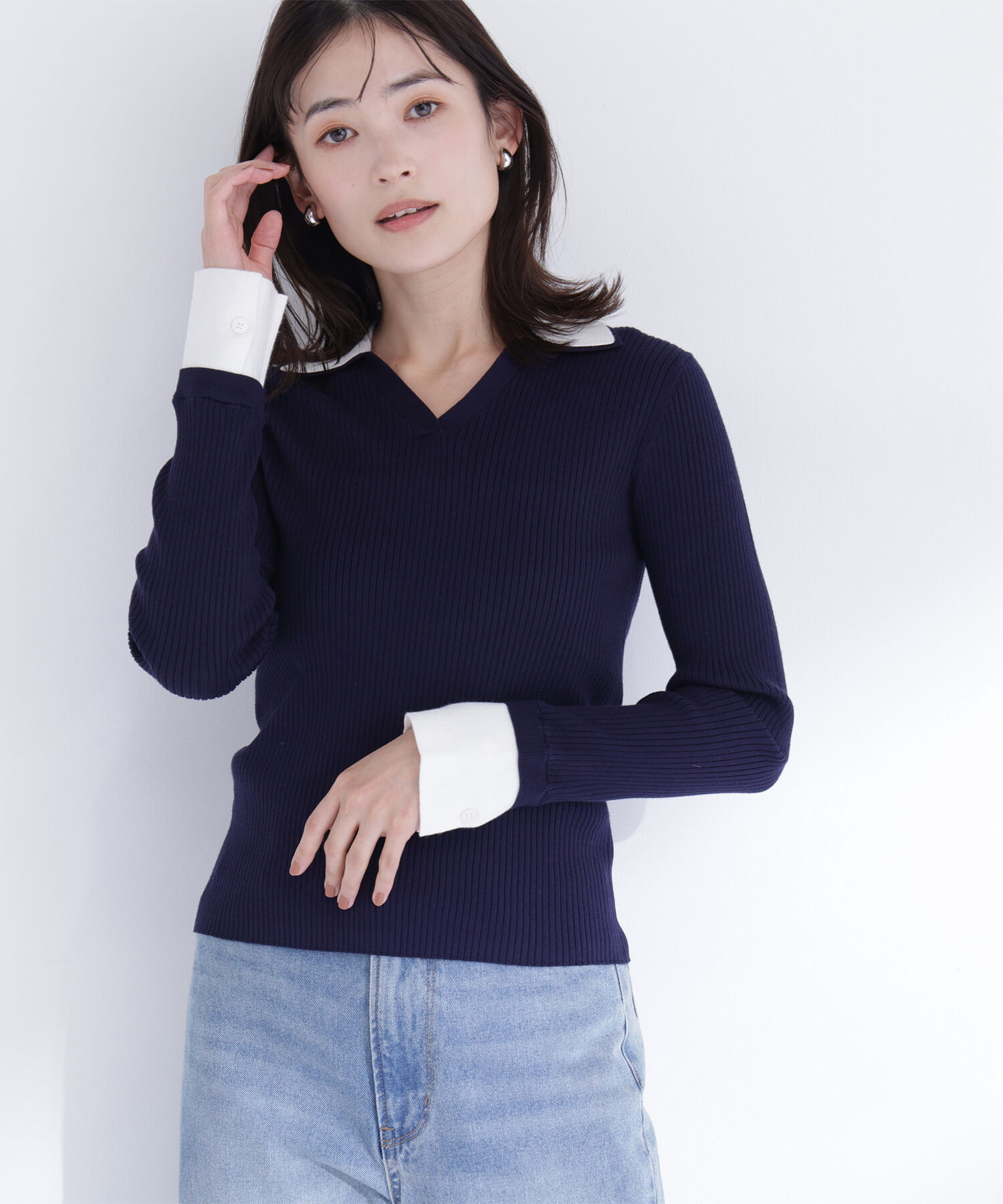  「ダブルカラーVネックリブニット」|ニット・セーター|