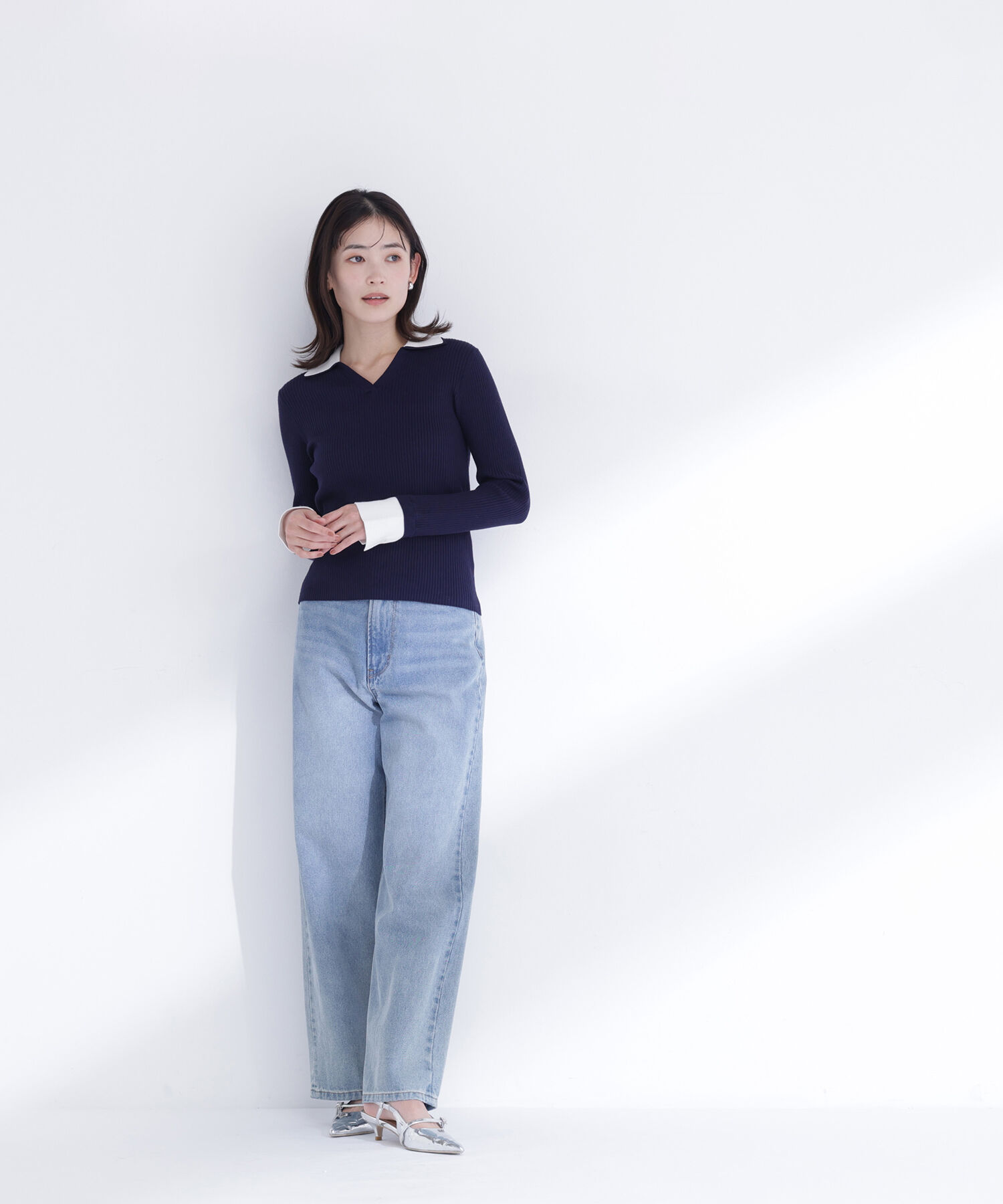  「ダブルカラーVネックリブニット」|ニット・セーター|