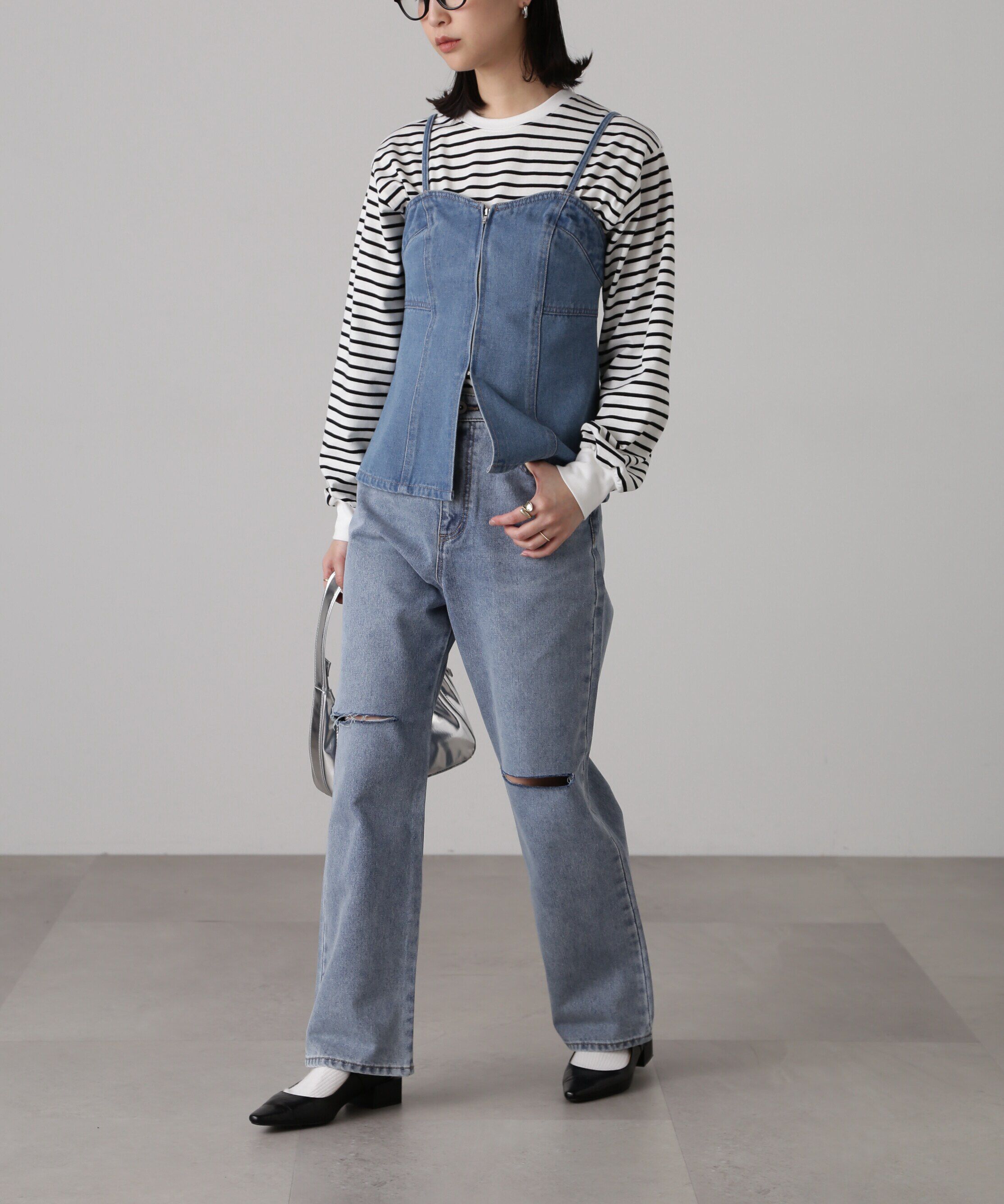  「フロントジップデニムキャミビスチェ」|シャツ・ブラウス|