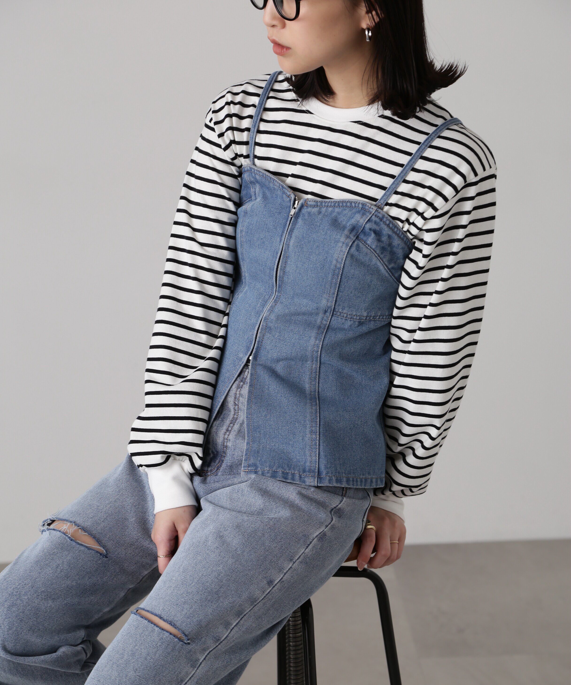  「フロントジップデニムキャミビスチェ」|シャツ・ブラウス|