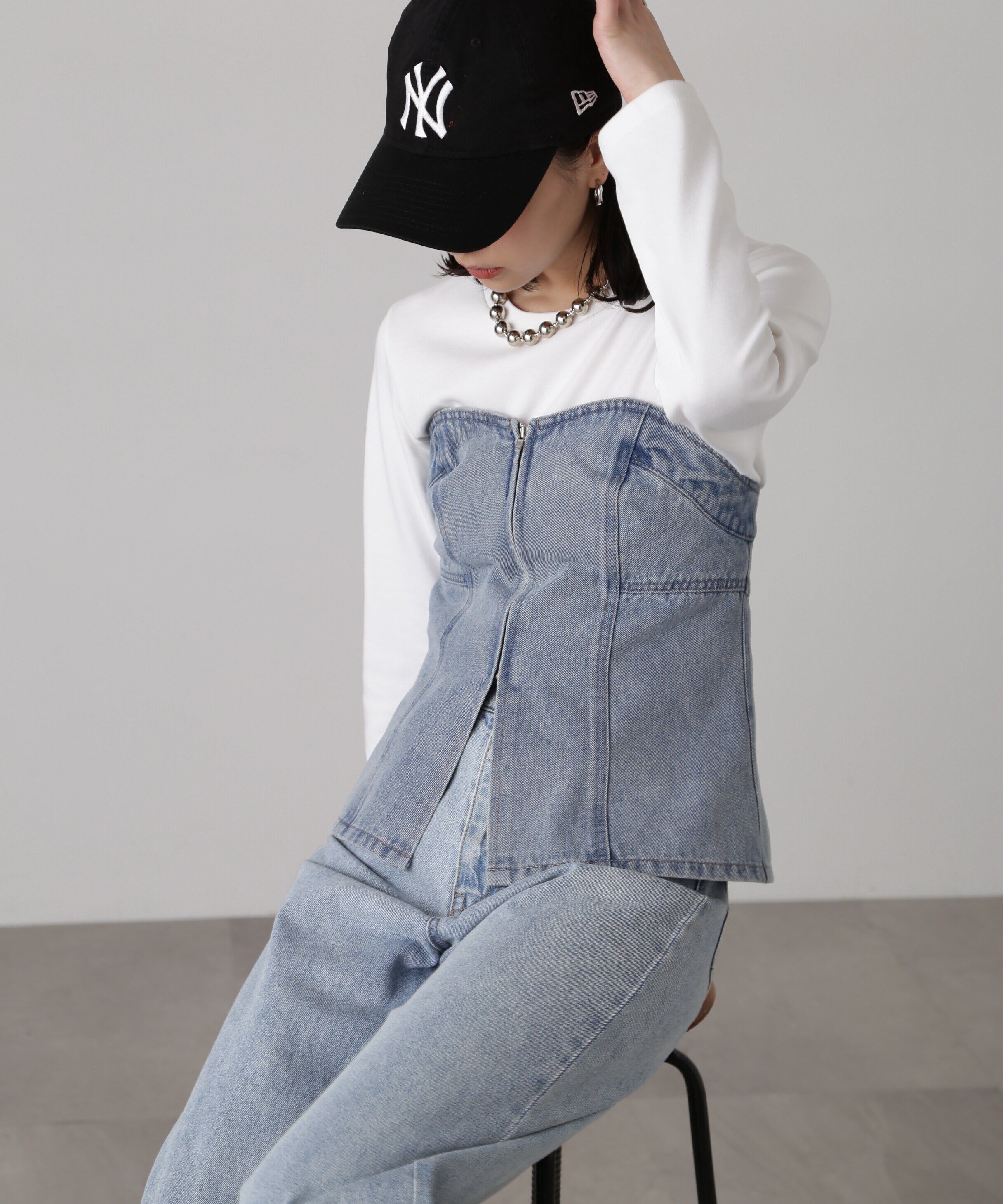  「フロントジップデニムキャミビスチェ」|シャツ・ブラウス|