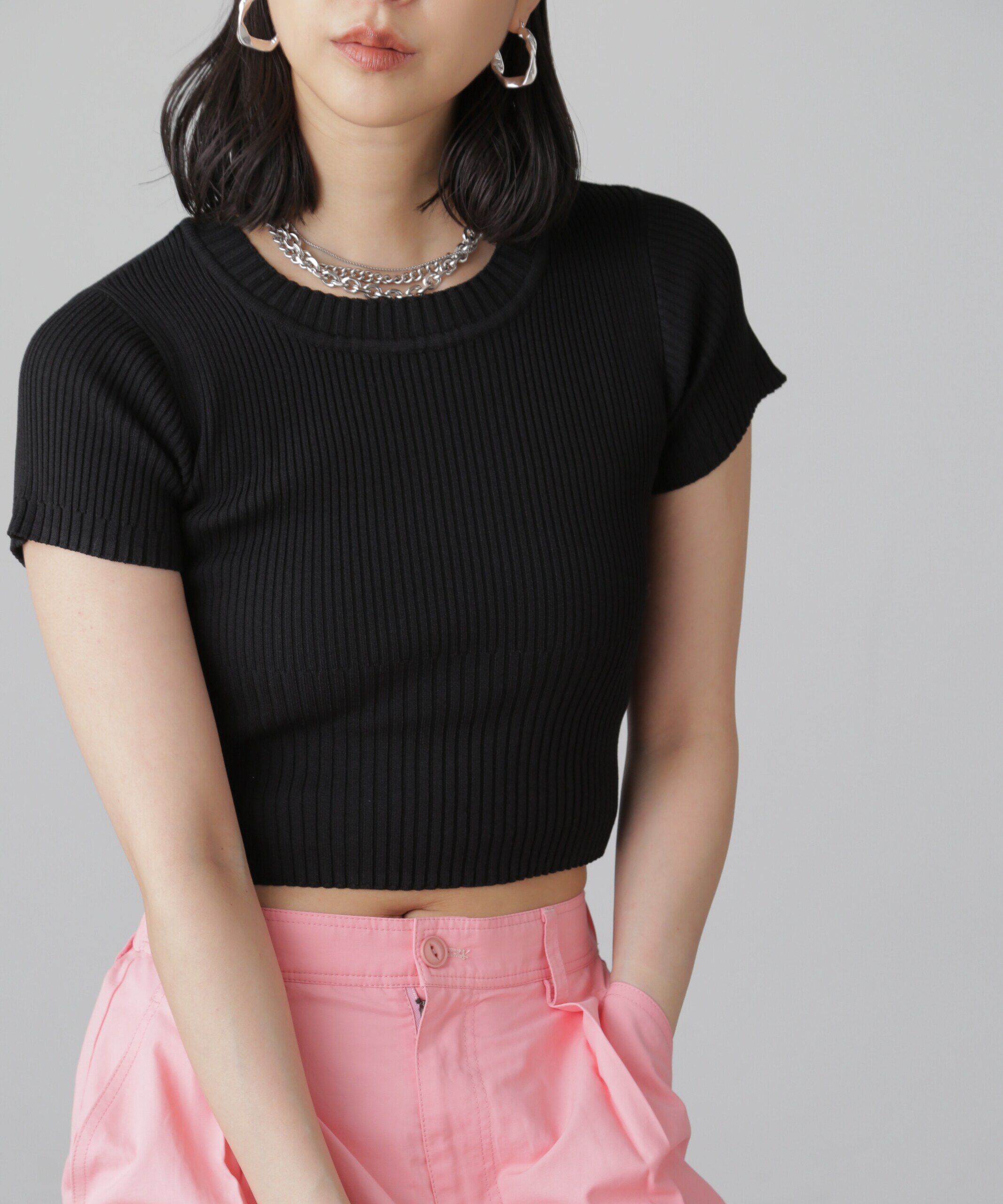  「ショート丈クルーネックリブニット」|ニット・セーター|