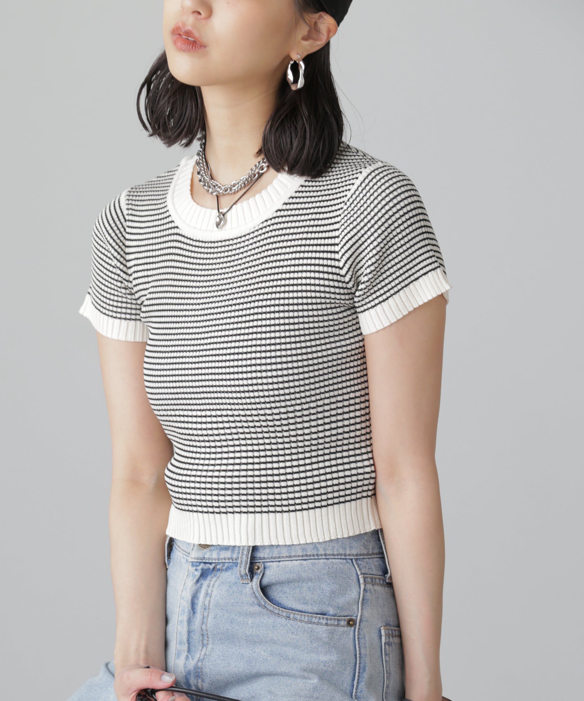  「ショート丈クルーネックリブニット」|ニット・セーター|