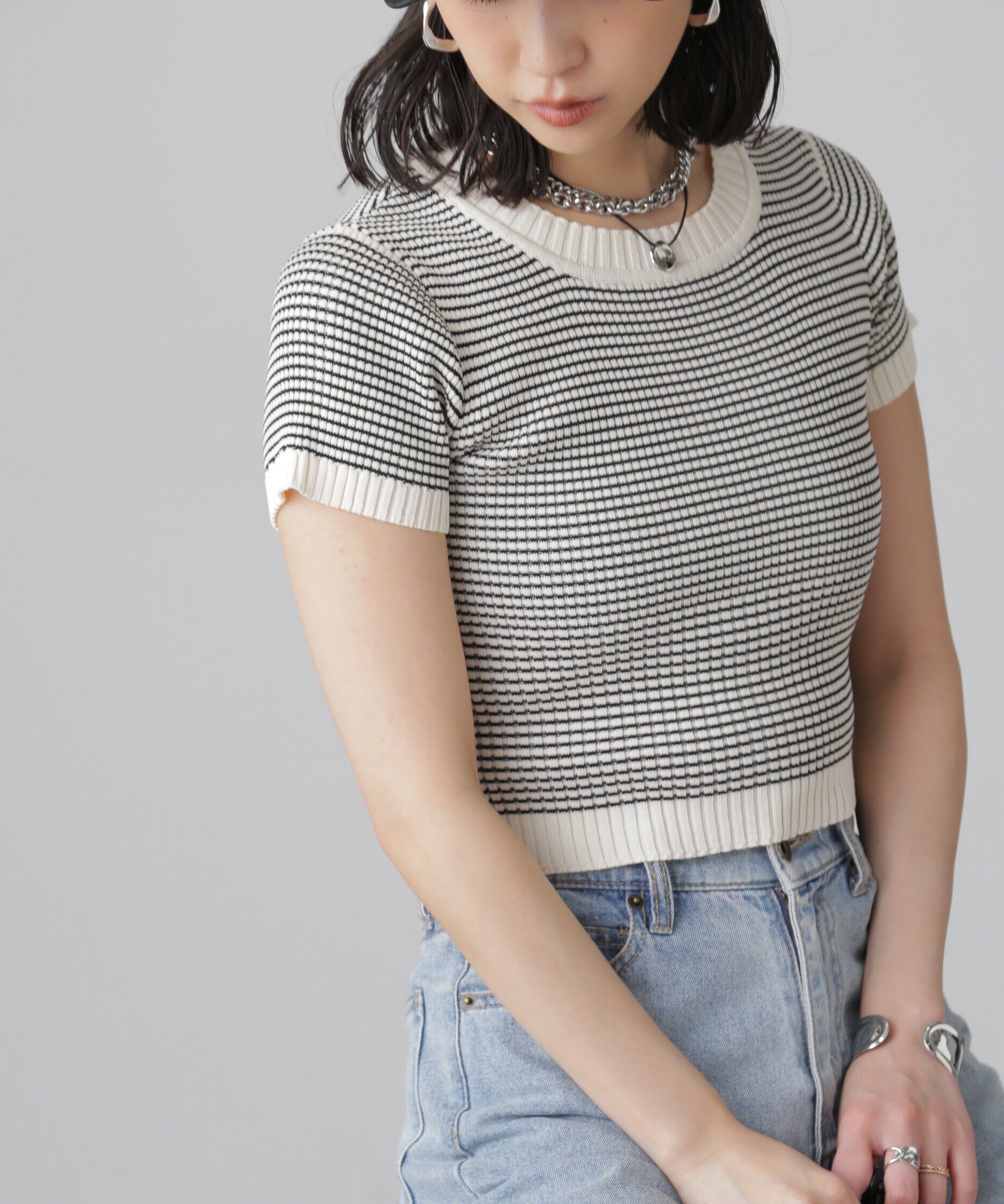  「ショート丈クルーネックリブニット」|ニット・セーター|