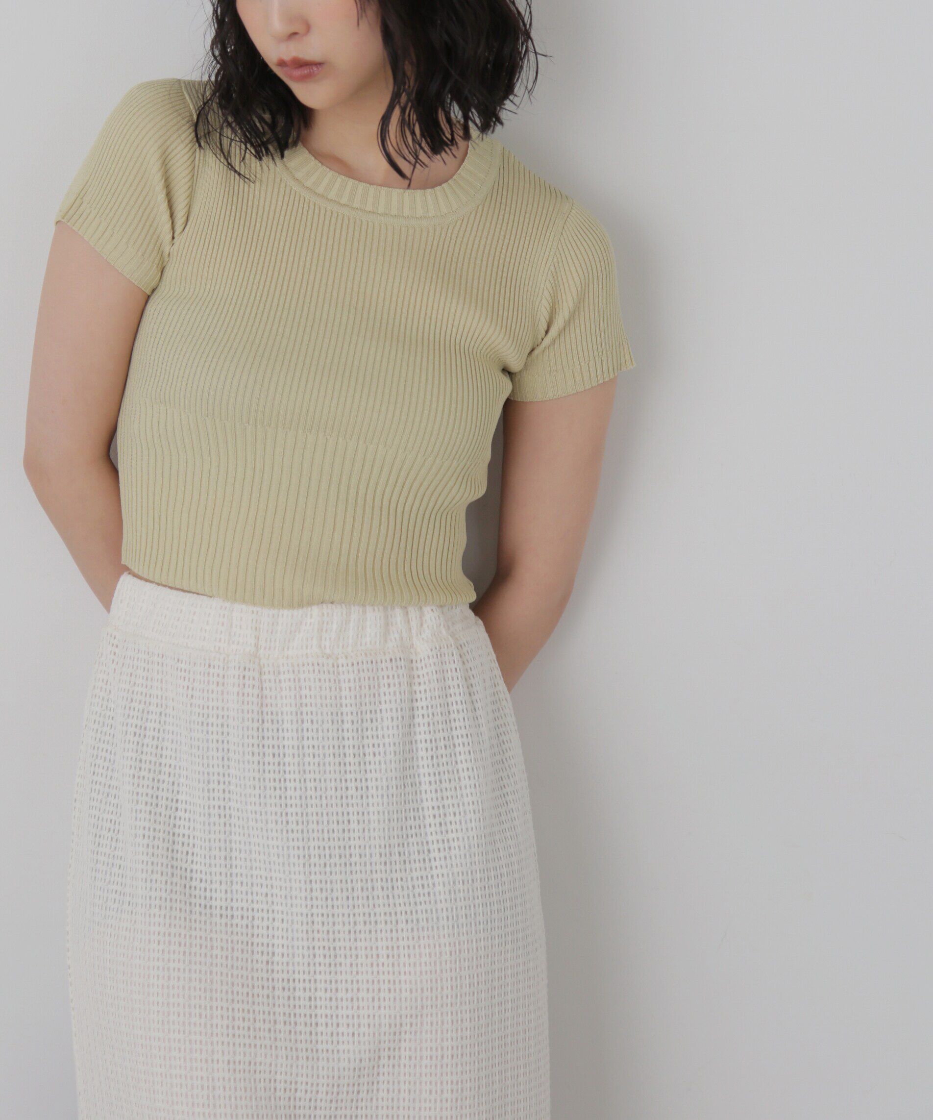  「ショート丈クルーネックリブニット」|ニット・セーター|イエロー