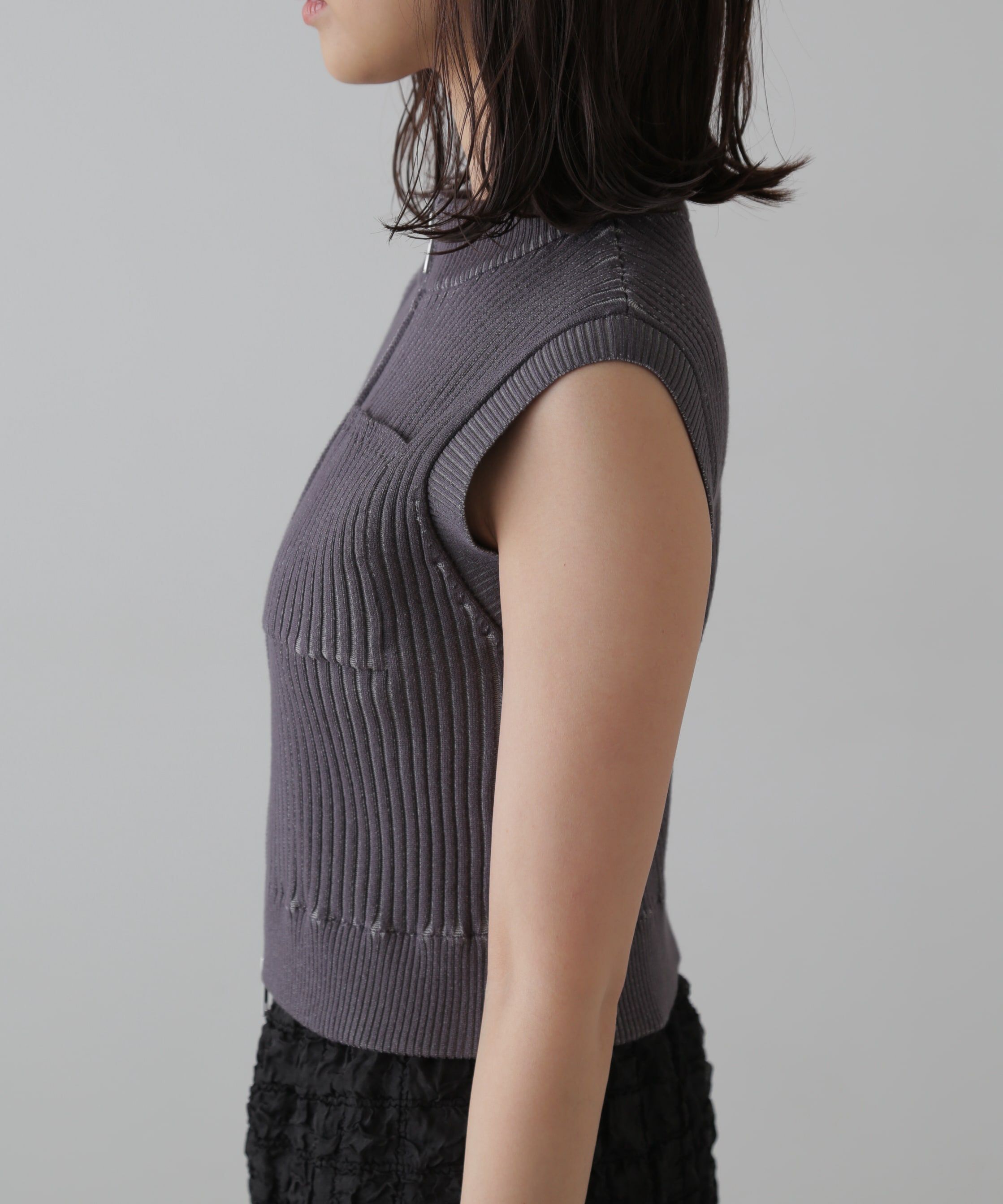  「バイカースタンド配色リブニットベスト」|ニット・セーター|