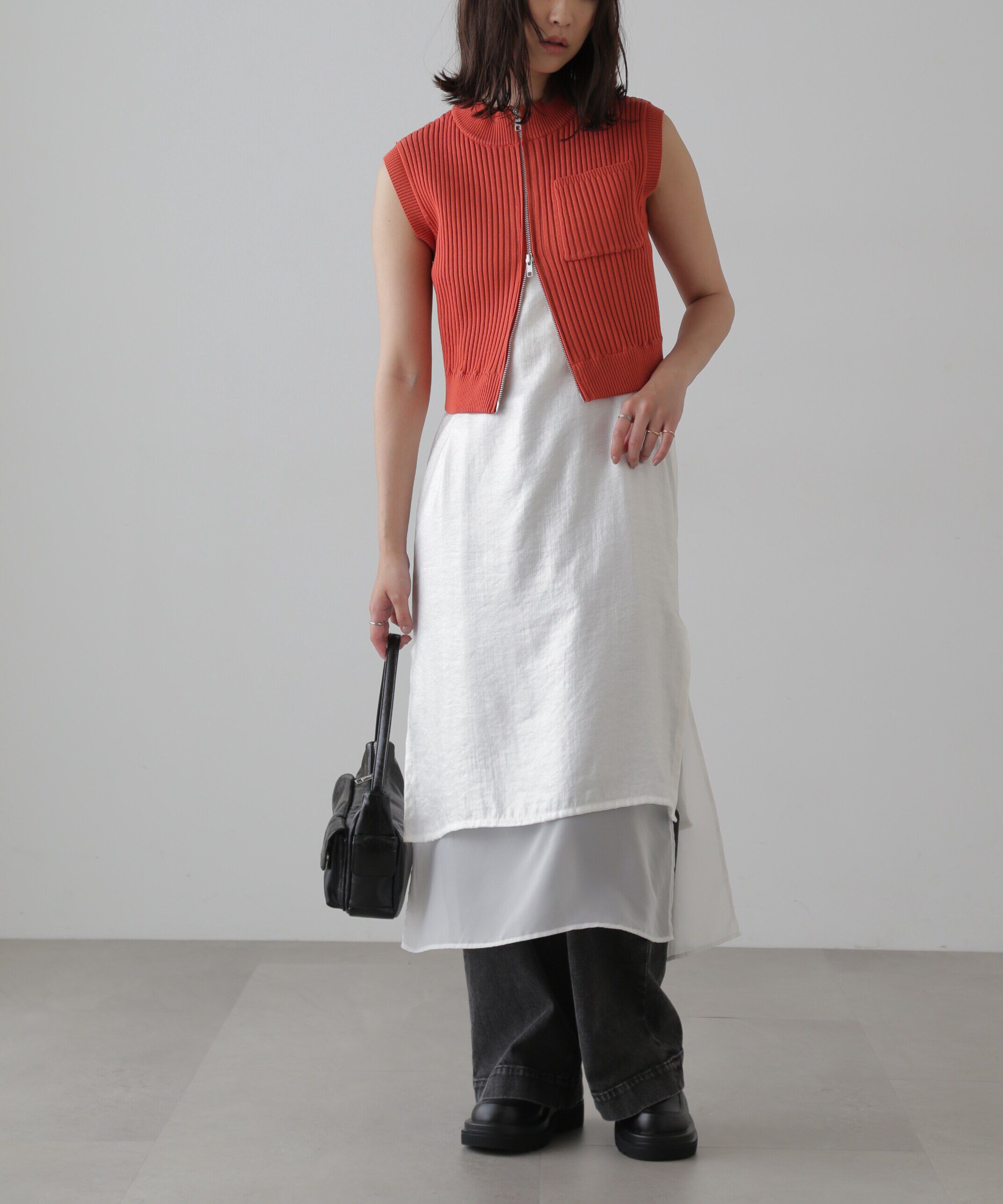  「バイカースタンド配色リブニットベスト」|ニット・セーター|