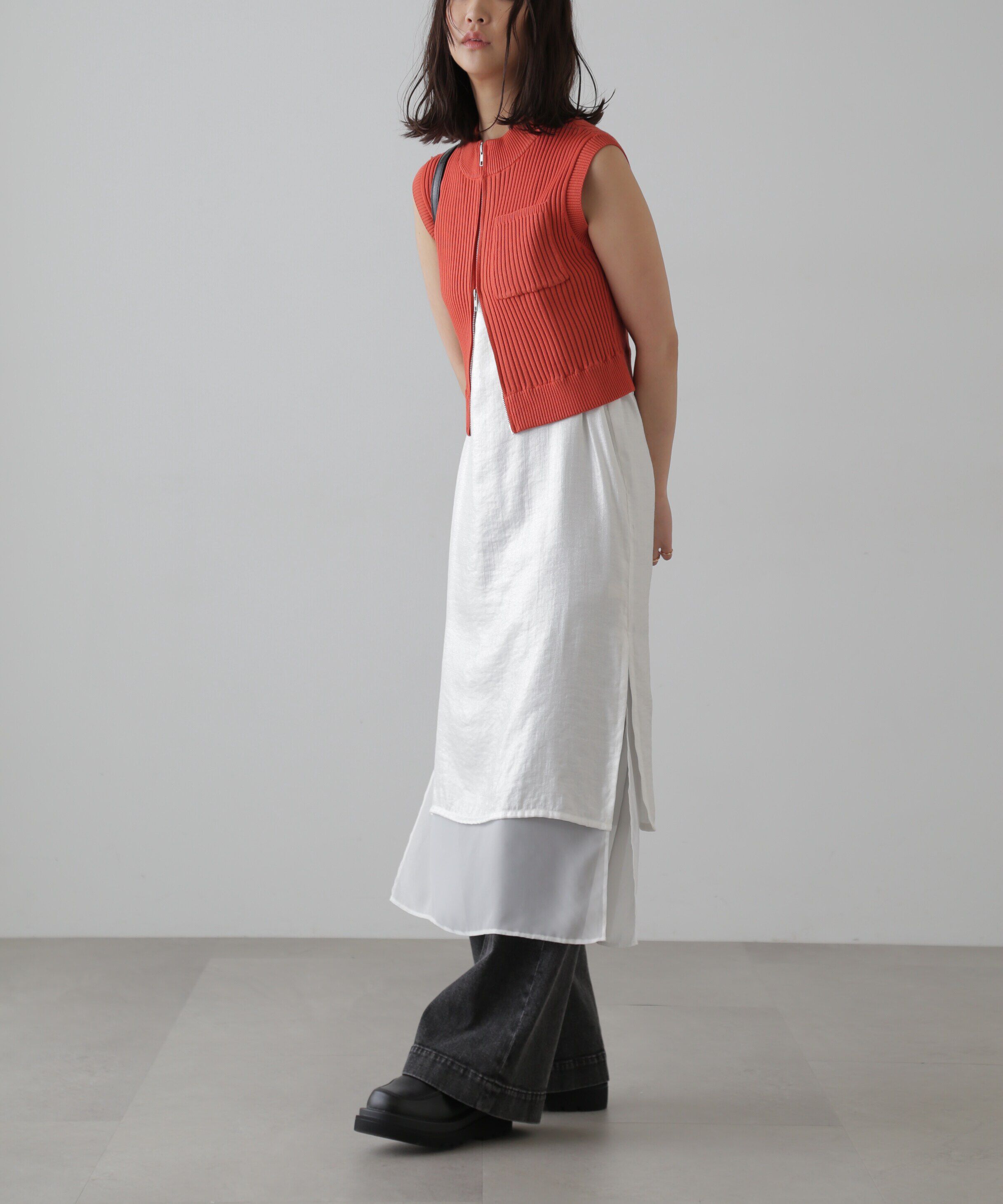  「バイカースタンド配色リブニットベスト」|ニット・セーター|