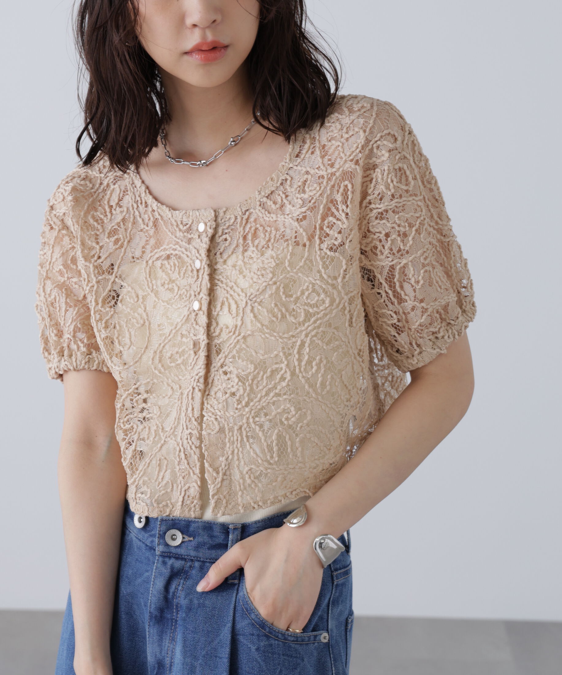  「レースコード刺繍前後2wayブラウス」|シャツ・ブラウス|ベージュ