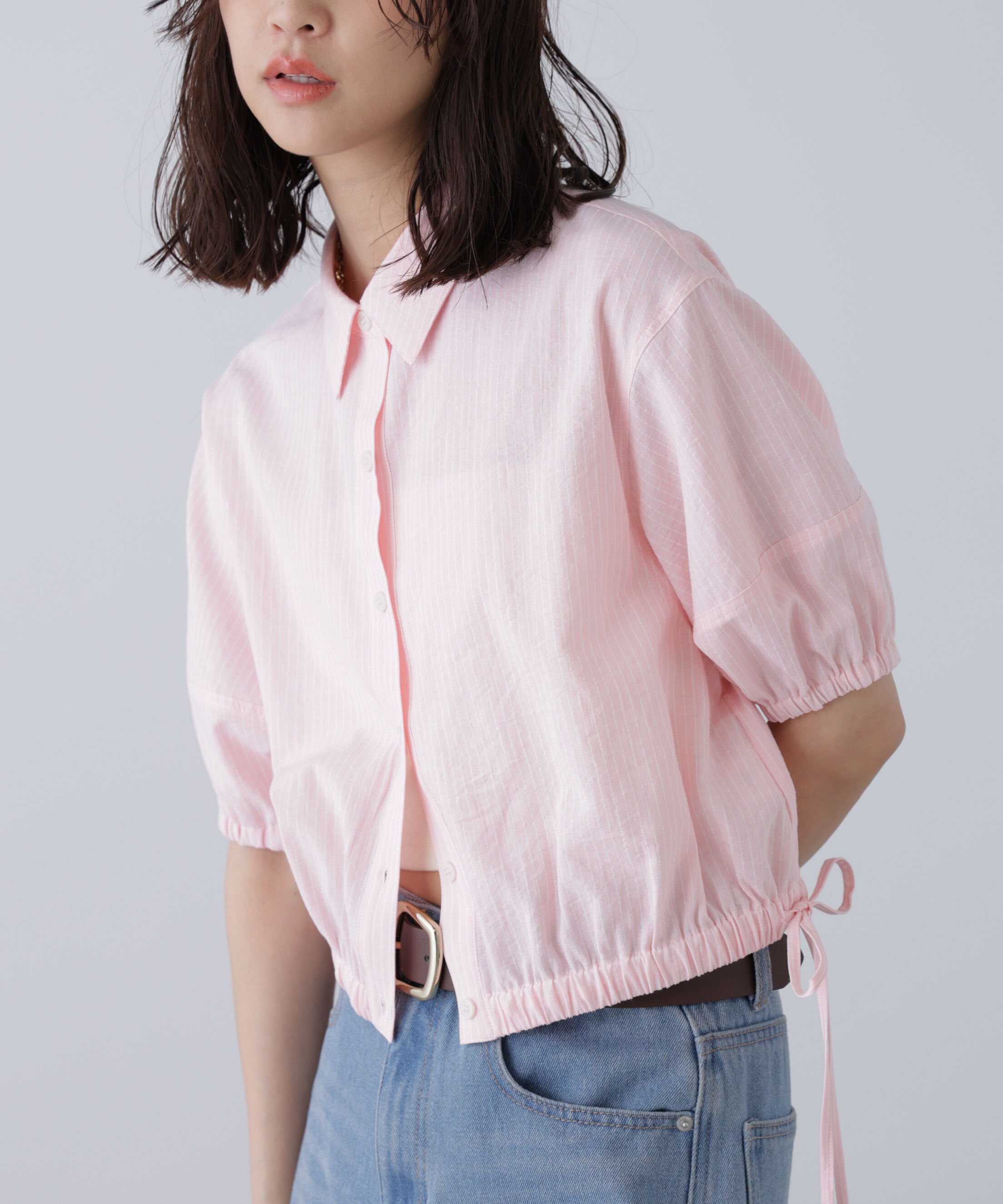  「裾ドロスト半袖ブラウス」|シャツ・ブラウス|ピンクベース1