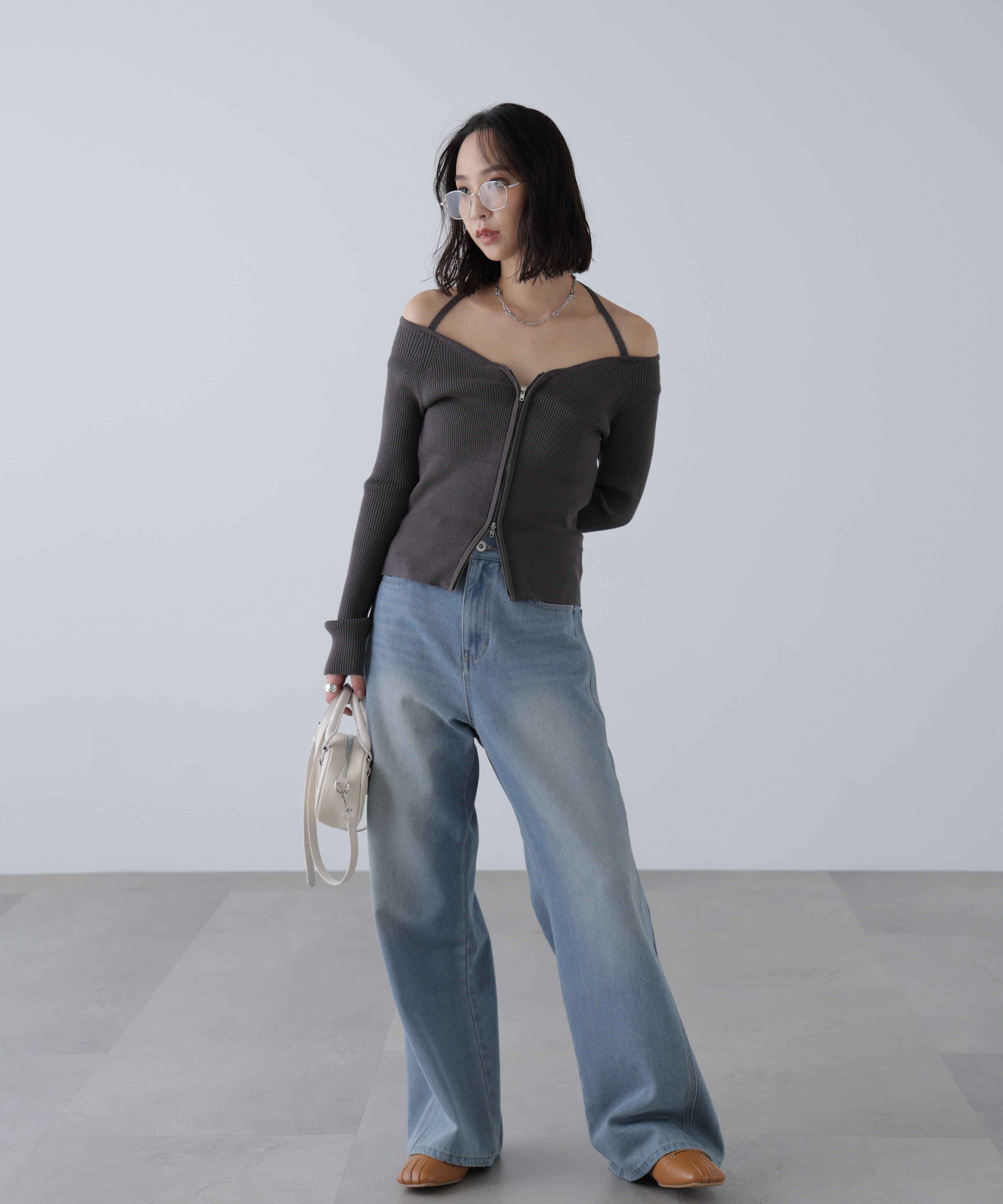  「ジップアップオフショルダーリブニット」|ニット・セーター|