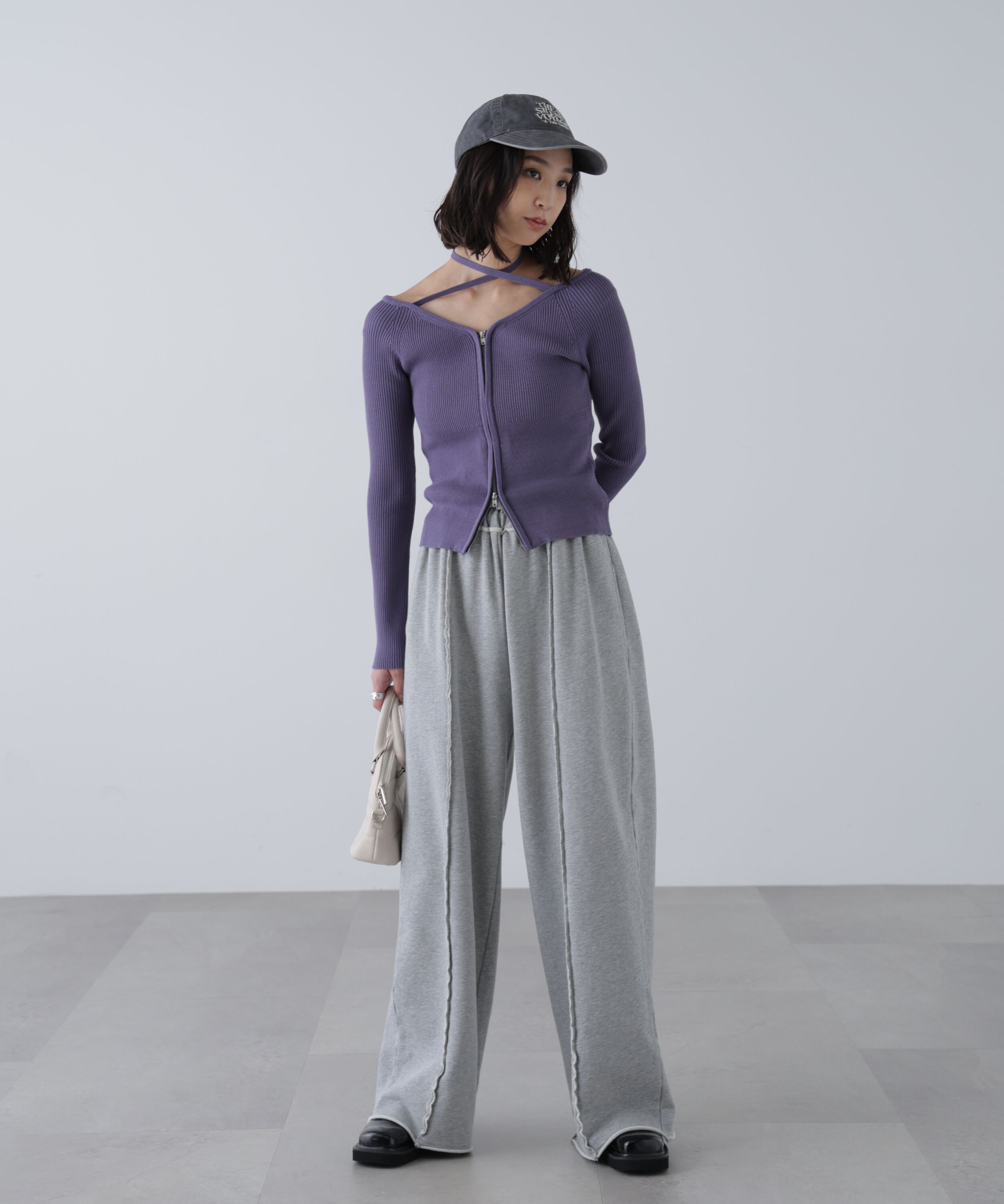  「ジップアップオフショルダーリブニット」|ニット・セーター|