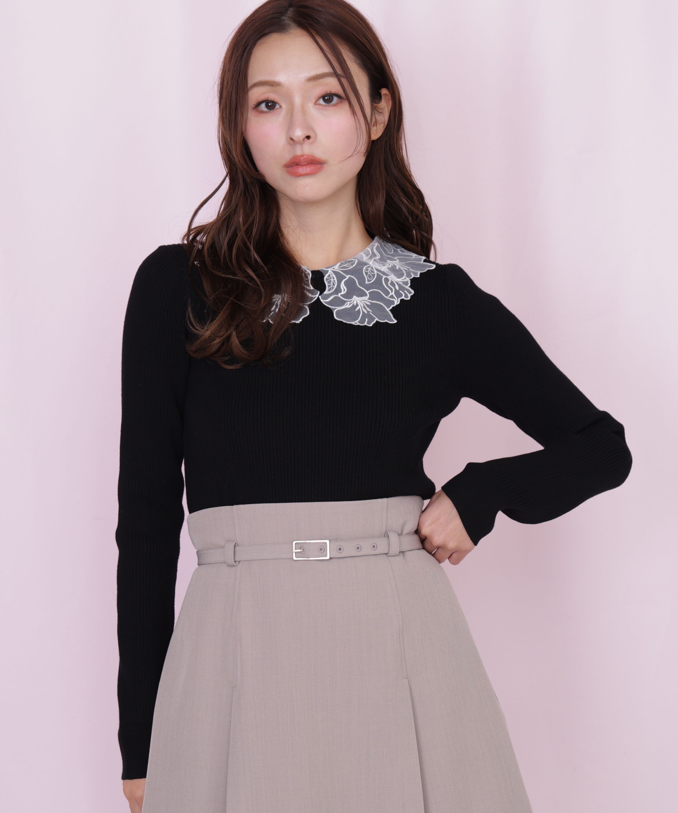  「レース襟コンパクトリブニット」|ニット・セーター|