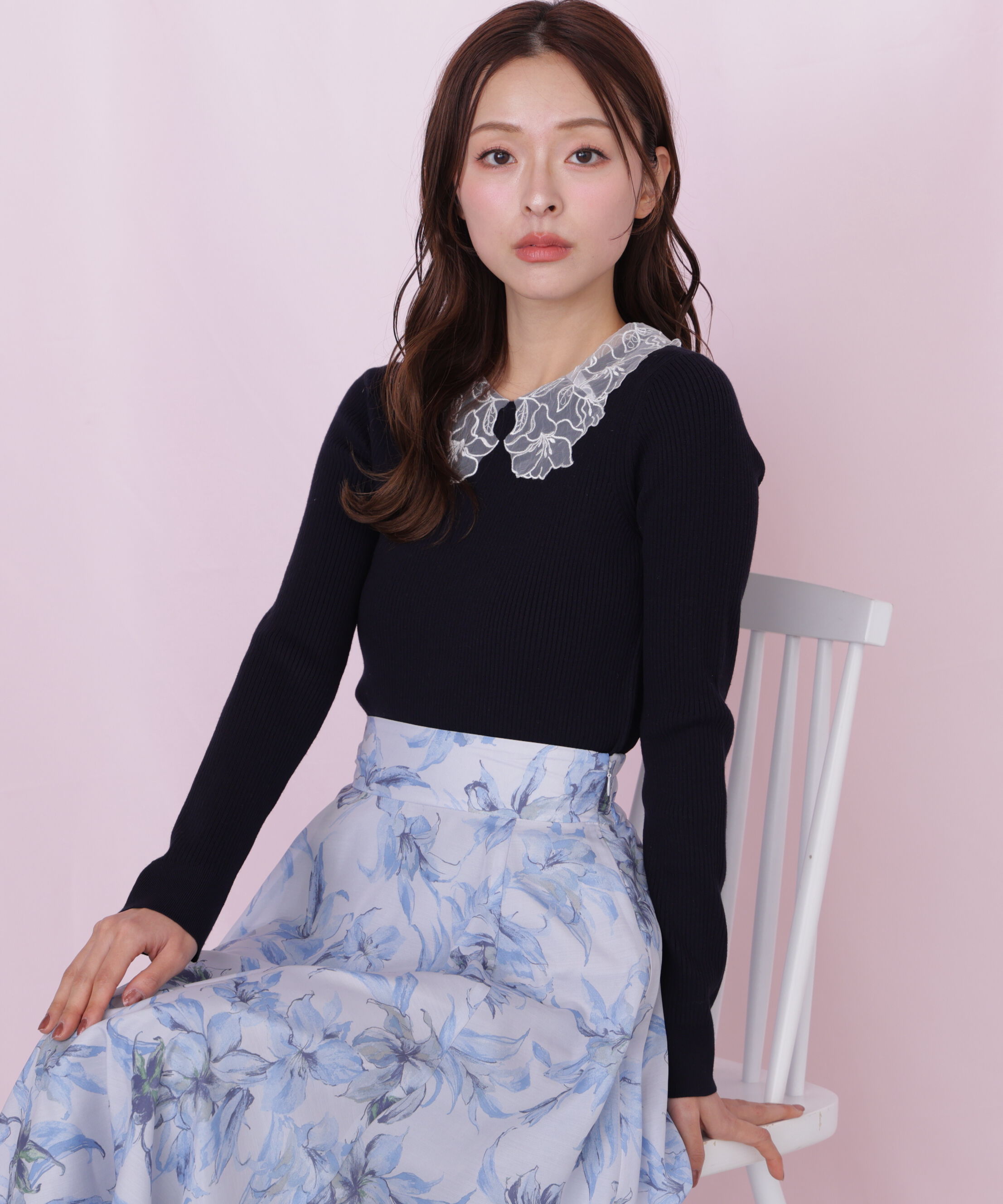  「レース襟コンパクトリブニット」|ニット・セーター|ネイビー