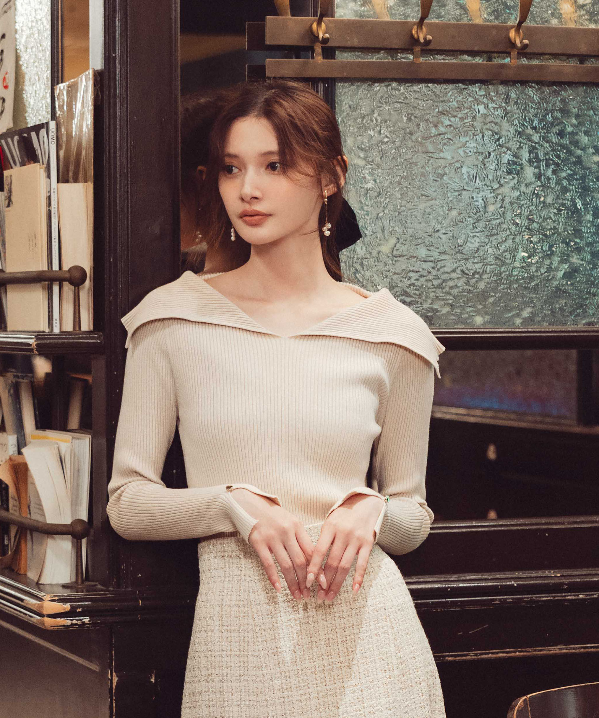 PROPORTION BODY DRESSING「オープンカラーリブニット」|ニット・セーター|ベージュ