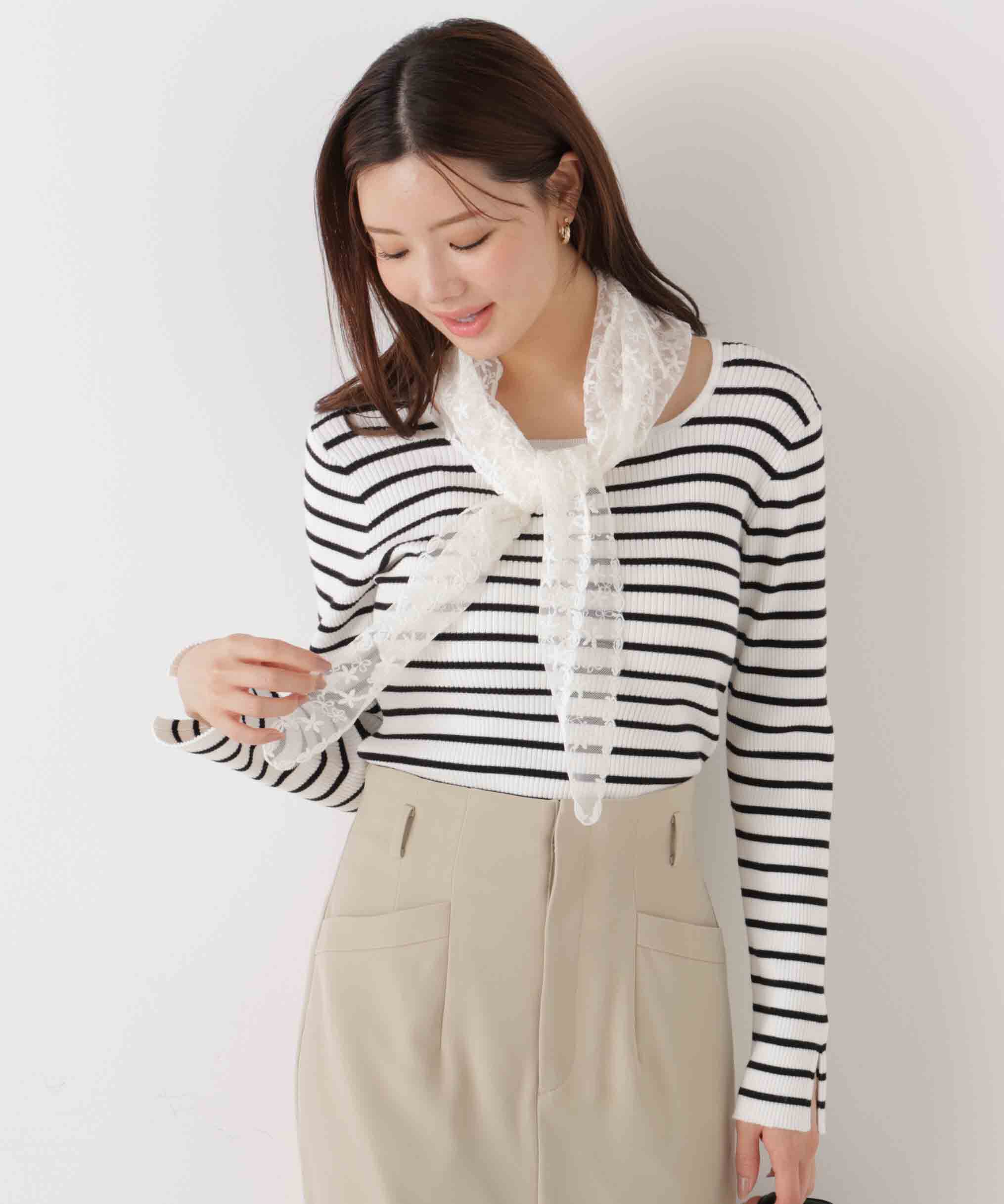 PROPORTION BODY DRESSING「《EDIT COLOGNE》レーススカーフ付きリブニット　26SS」|ニット・セーター|