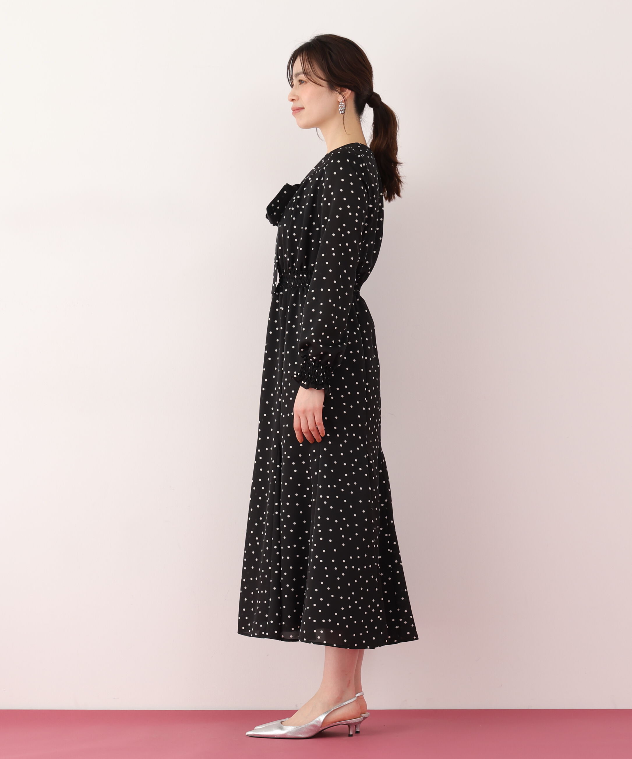  「ドットプリントリボンワンピース」|ワンピース|
