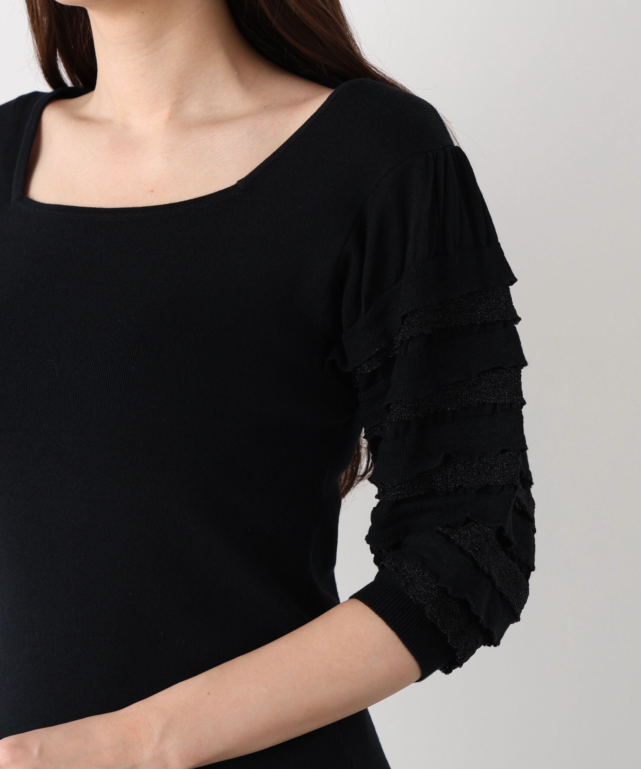  「ティアードスリーブスクエアネックニットプルオーバー」|ニット・セーター|