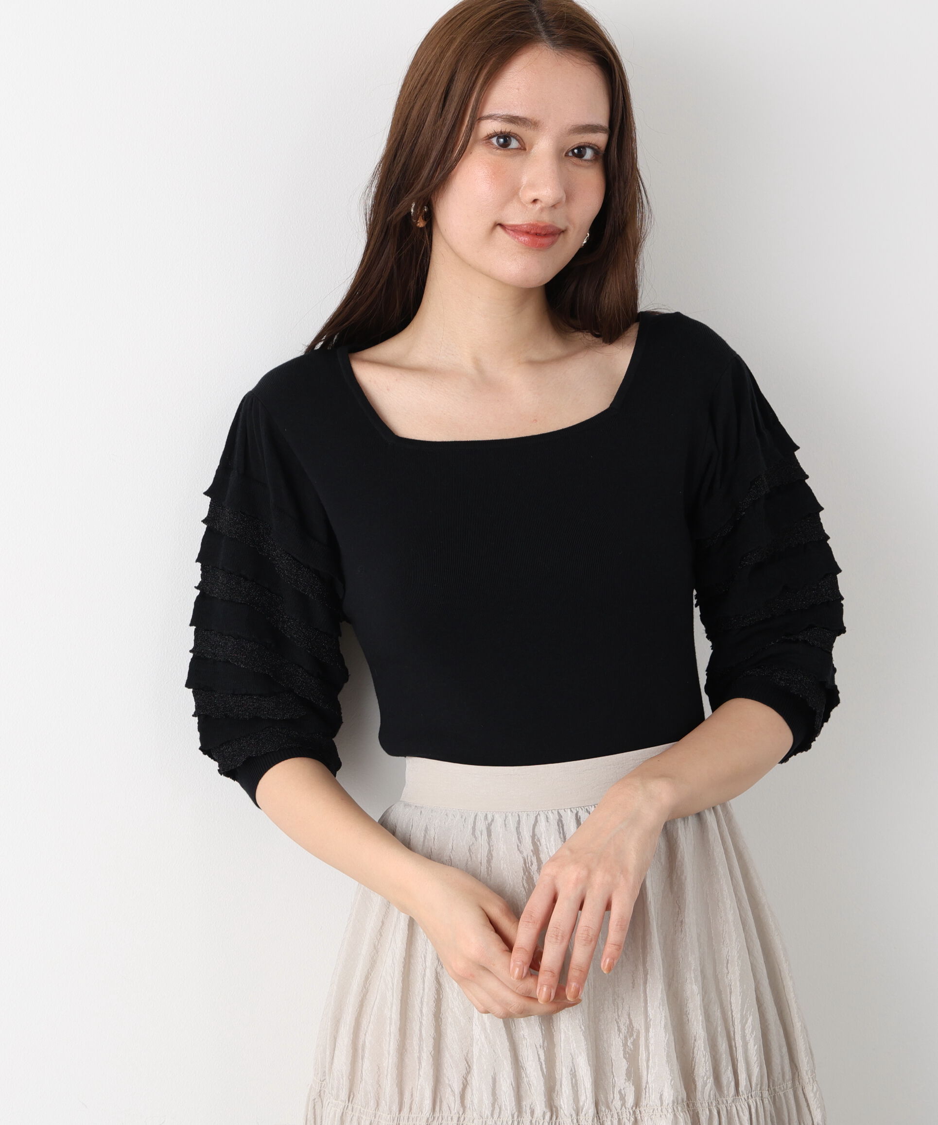  「ティアードスリーブスクエアネックニットプルオーバー」|ニット・セーター|