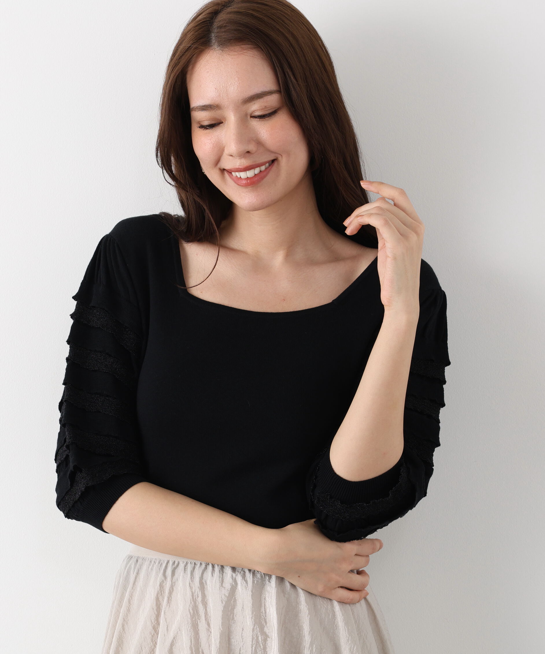  「ティアードスリーブスクエアネックニットプルオーバー」|ニット・セーター|