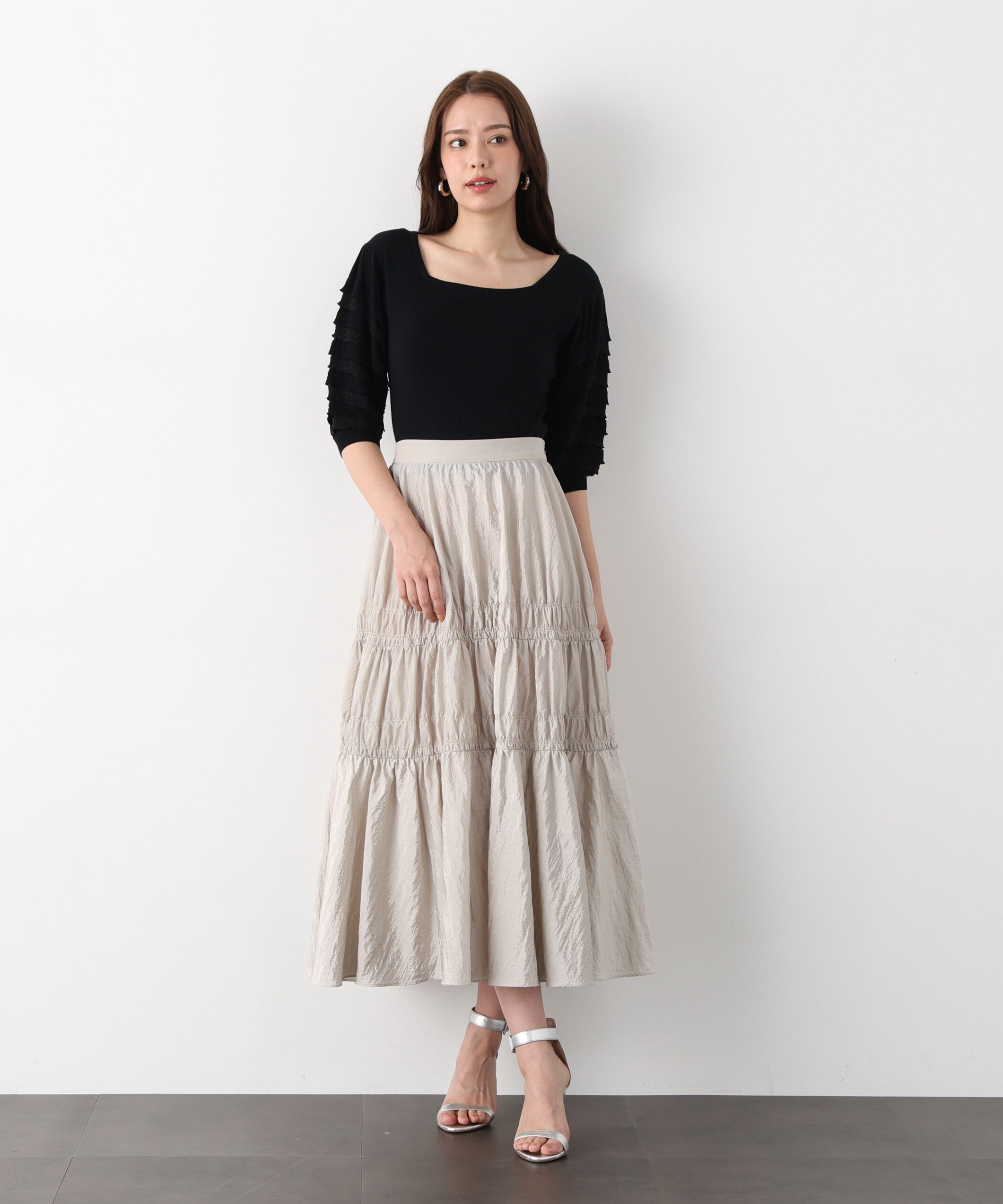  「ティアードスリーブスクエアネックニットプルオーバー」|ニット・セーター|