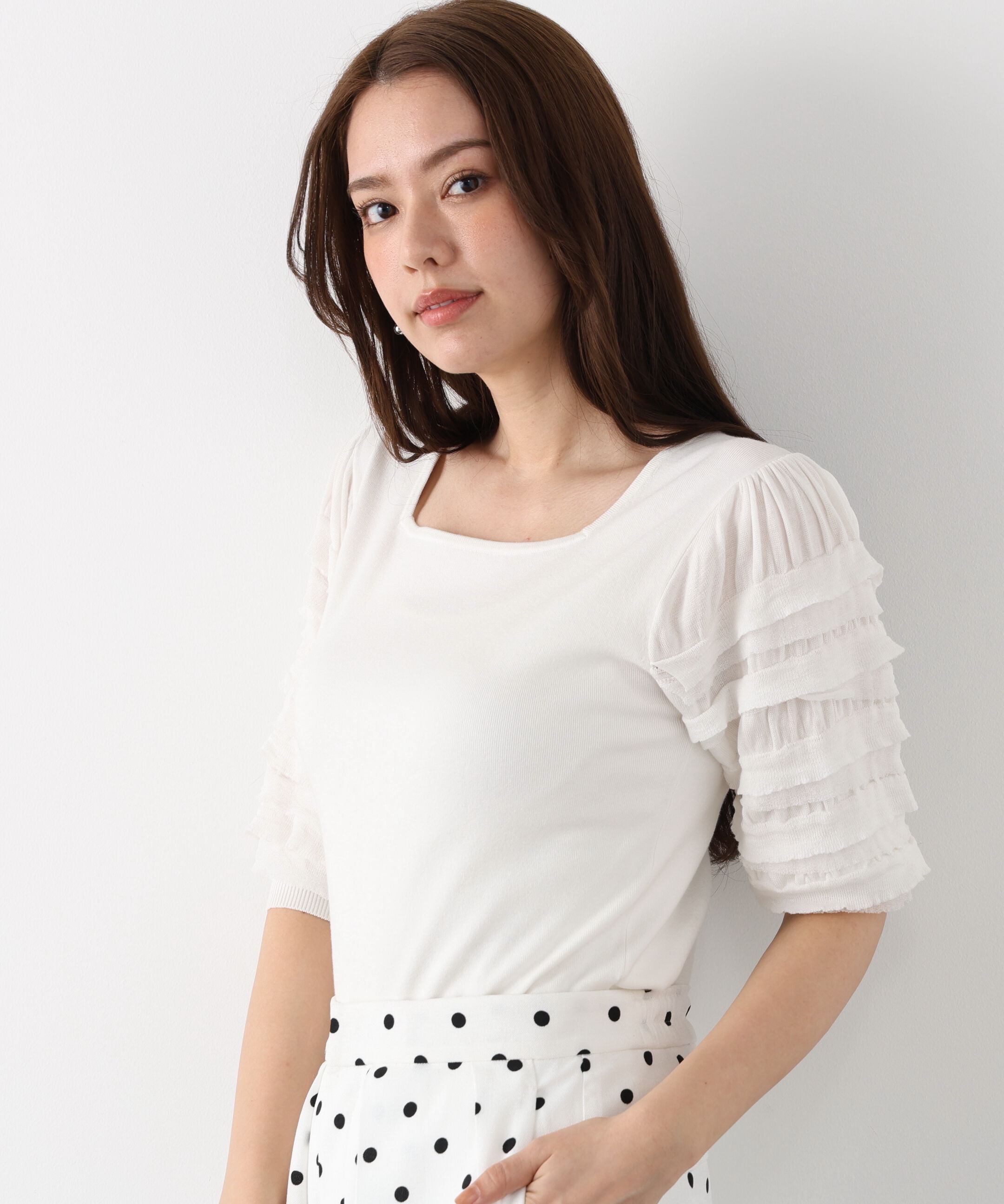  「ティアードスリーブスクエアネックニットプルオーバー」|ニット・セーター|