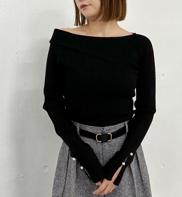 archives「アシメオフショルランダムリブニットプルオーバー」|ニット・セーター|BLACK