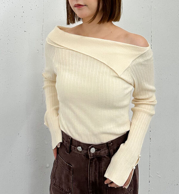 archives「アシメオフショルランダムリブニットプルオーバー」|ニット・セーター|IVORY