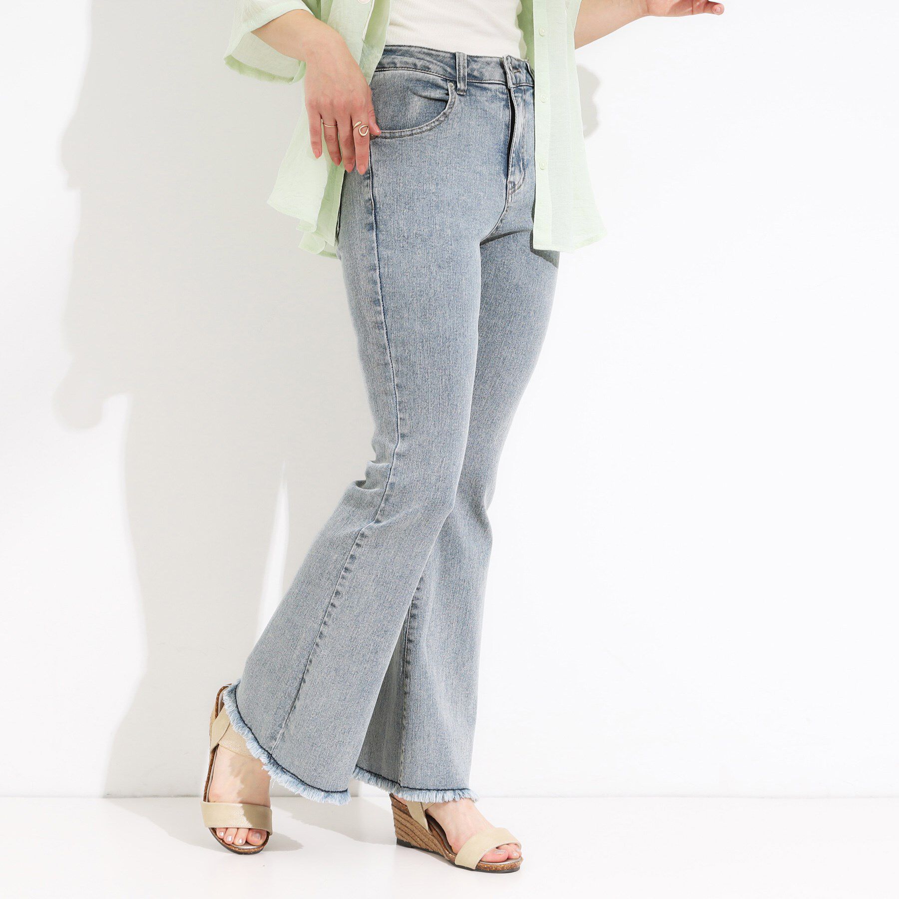 SHOO･LA･RUE「【ひんやり/S-LL】ストレッチフレアデニム」|デニム|