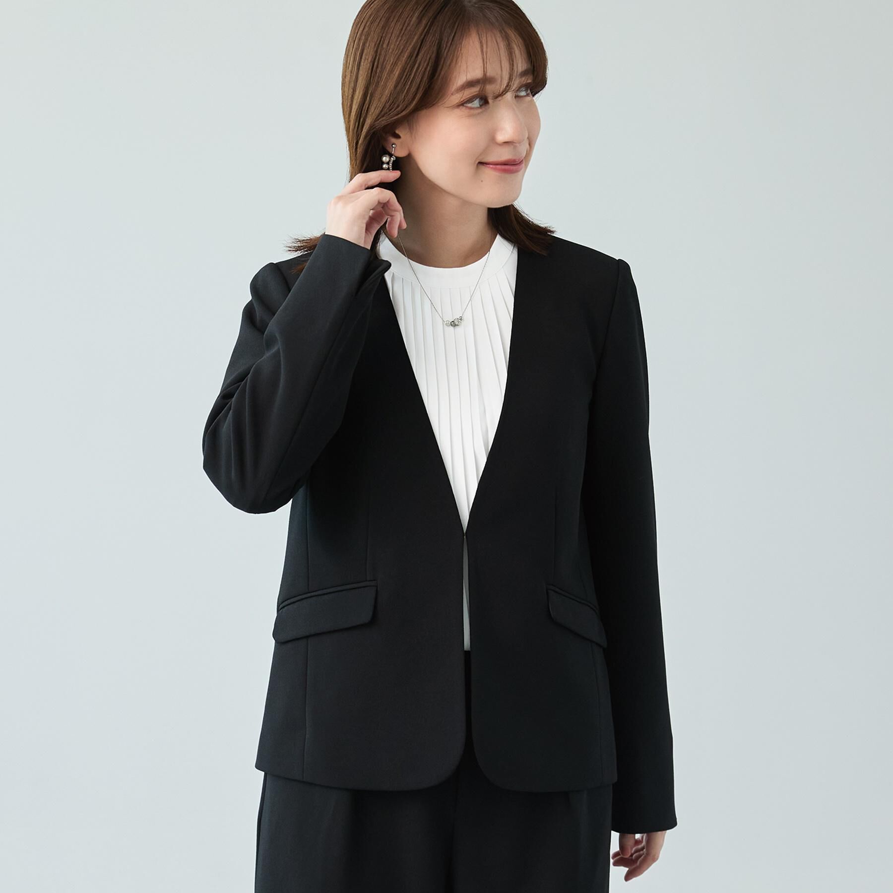 SHOO･LA･RUE「【洗濯機可/S-3L/イージーケア】きちんと楽に。カットジョーゼットノーカラージャケット」|ノーカラージャケット|