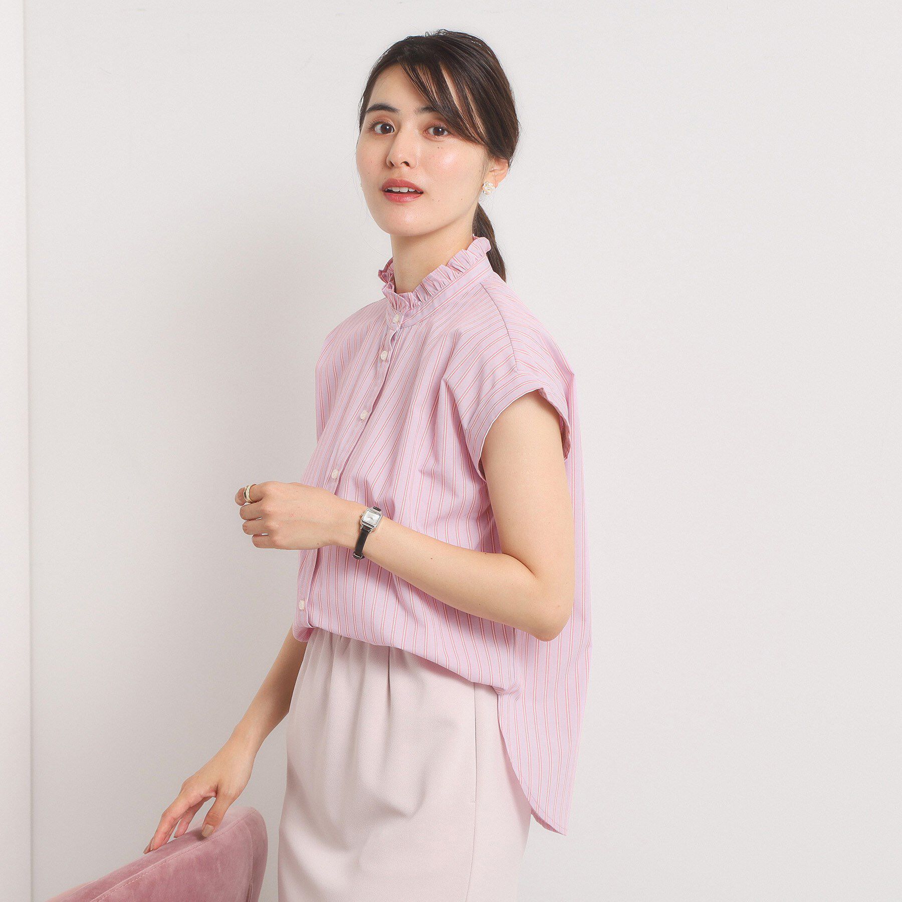 ITS&rsquo;DEMO「【手洗い可】スタンドフリルストライプブラウス」|シャツ・ブラウス|