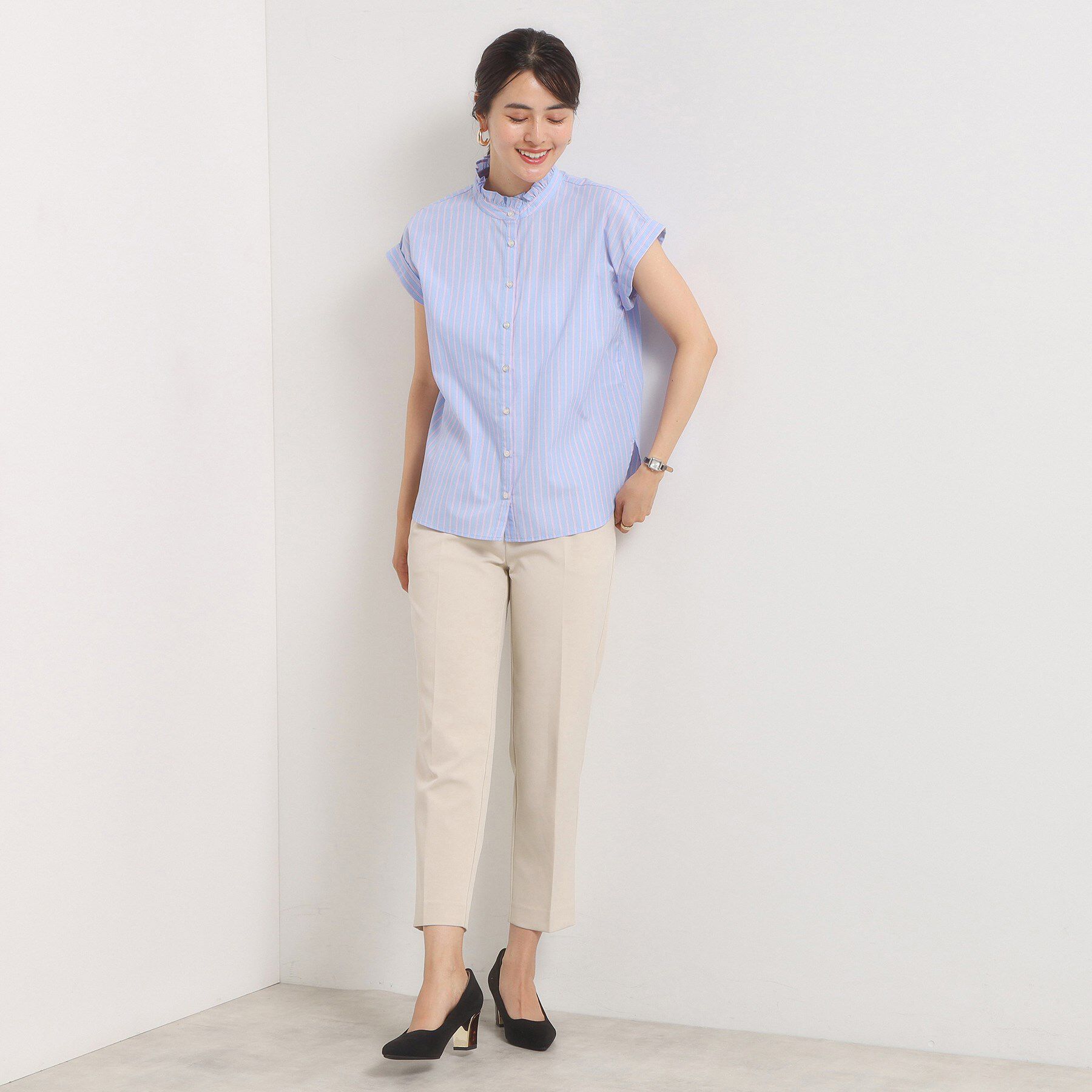 ITS&rsquo;DEMO「【手洗い可】スタンドフリルストライプブラウス」|シャツ・ブラウス|