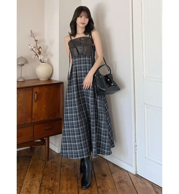 MERCURYDUO「フェイクレザービスチェドッキングキャミワンピース」|ワンピース|