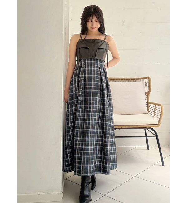 MERCURYDUO「フェイクレザービスチェドッキングキャミワンピース」|ワンピース|