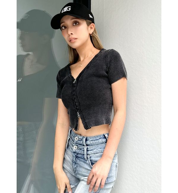 GYDA「ハーフスリーブブリーチWファスナーリブニットトップス」|ニット・セーター|