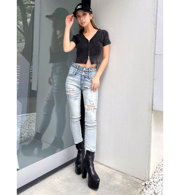 GYDA「ハーフスリーブブリーチWファスナーリブニットトップス」|ニット・セーター|