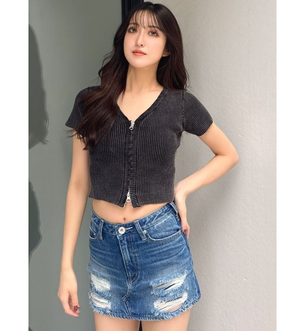 GYDA「ハーフスリーブブリーチWファスナーリブニットトップス」|ニット・セーター|