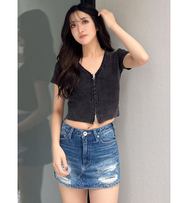 GYDA「ハーフスリーブブリーチWファスナーリブニットトップス」|ニット・セーター|