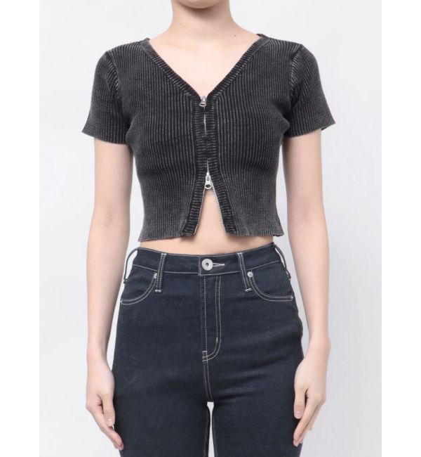 GYDA「ハーフスリーブブリーチWファスナーリブニットトップス」|ニット・セーター|