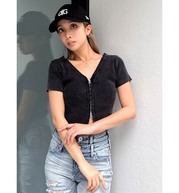 GYDA「ハーフスリーブブリーチWファスナーリブニットトップス」|ニット・セーター|