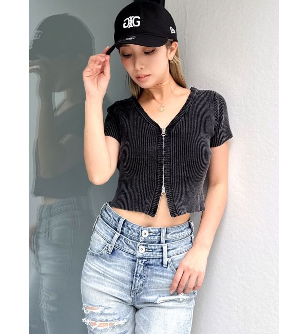 GYDA「ハーフスリーブブリーチWファスナーリブニットトップス」|ニット・セーター|