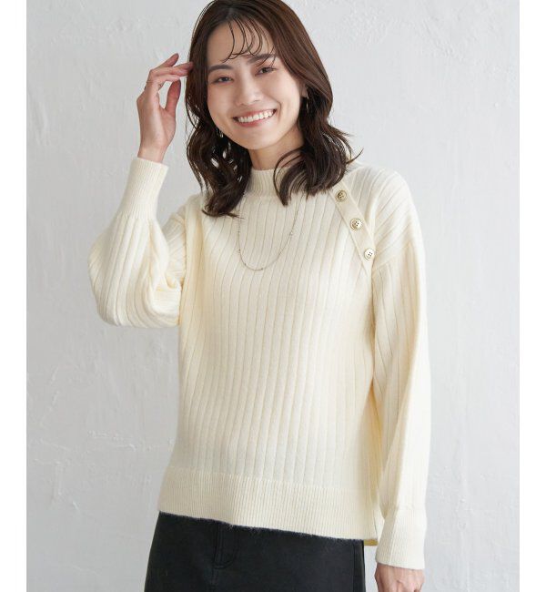 ikka「肩ボタンワイドリブニットプルオーバー」|プルオーバー|オフホワイト