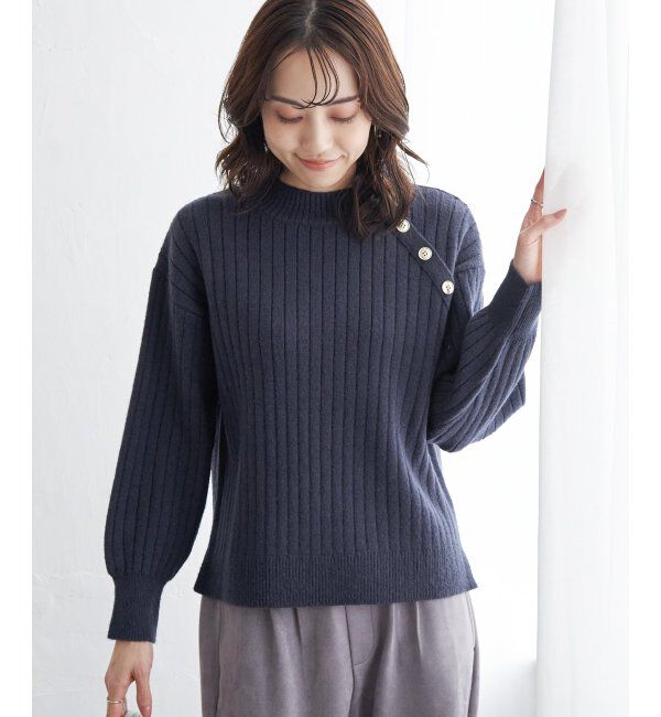 ikka「肩ボタンワイドリブニットプルオーバー」|プルオーバー|ネイビーブルー