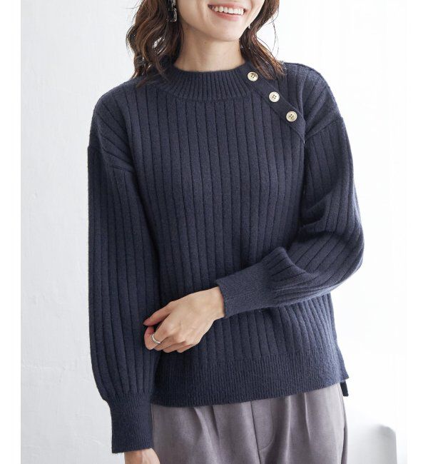 ikka「肩ボタンワイドリブニットプルオーバー」|プルオーバー|