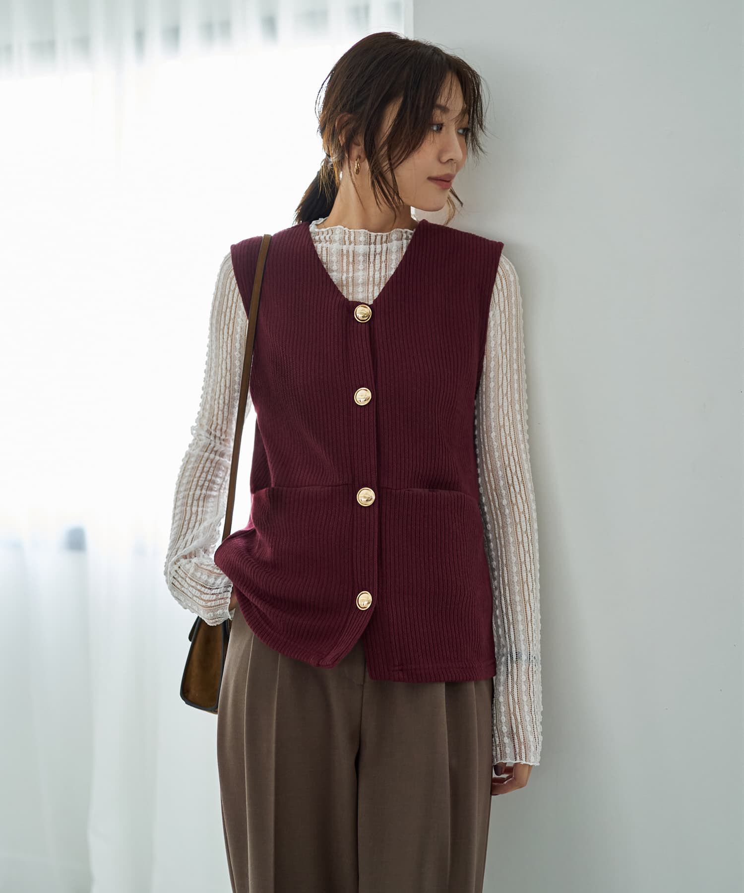 STYLE DELI「GOLDボタンリブニットソーベスト」|ベスト・ジレ|バーガンディー