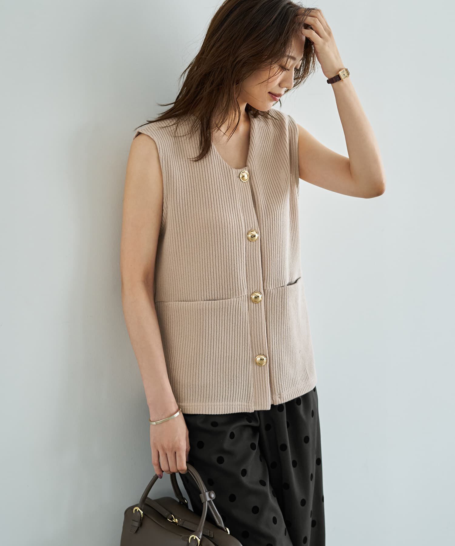 STYLE DELI「GOLDボタンリブニットソーベスト」|ベスト・ジレ|