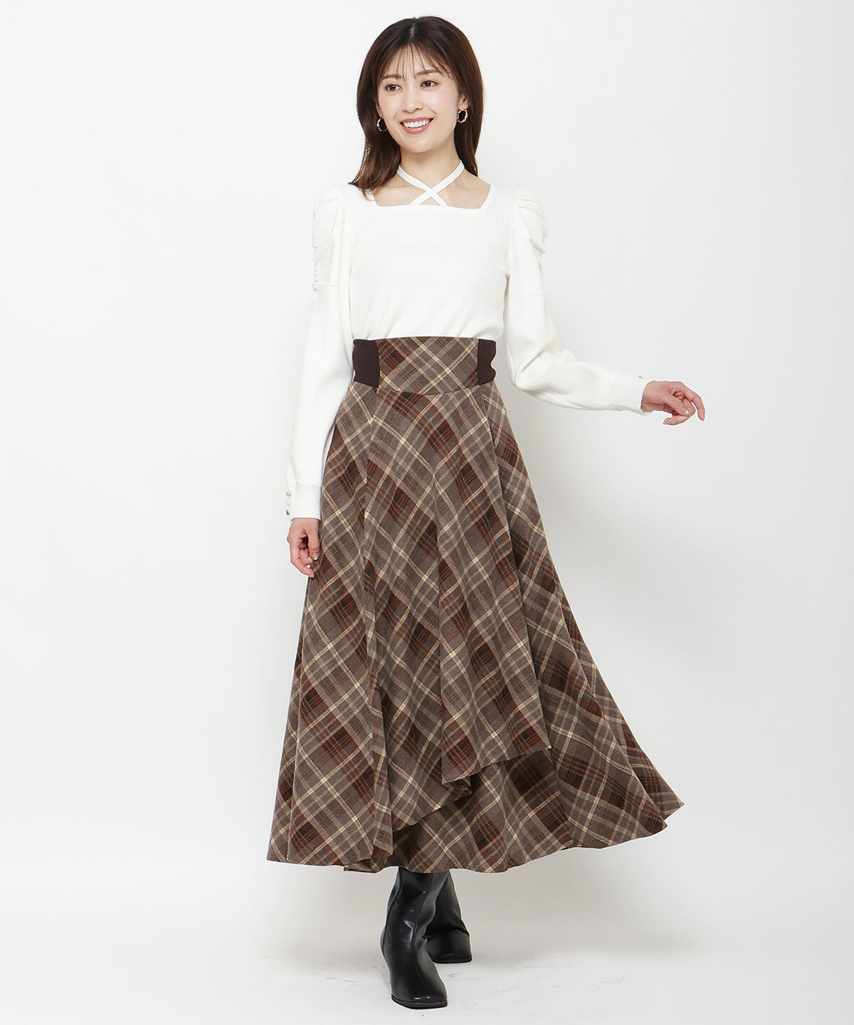 アンドクチュール「サイドリブチェックアシメスカート」|フレア|茶系チェック