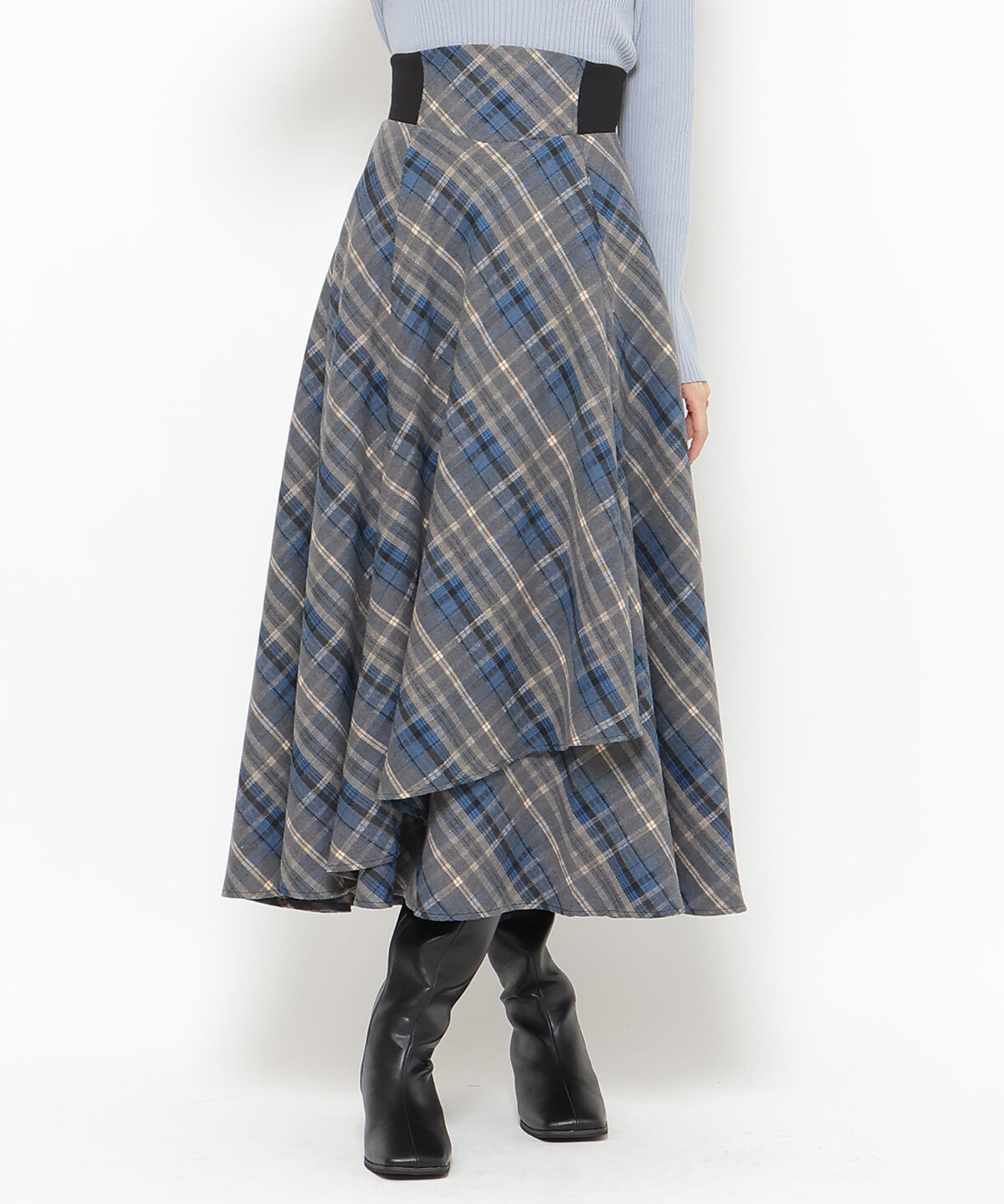 アンドクチュール「サイドリブチェックアシメスカート」|フレア|