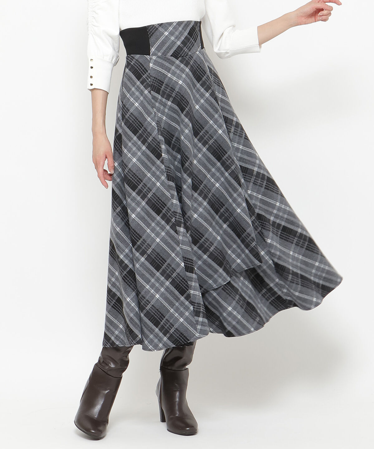 アンドクチュール「サイドリブチェックアシメスカート」|フレア|