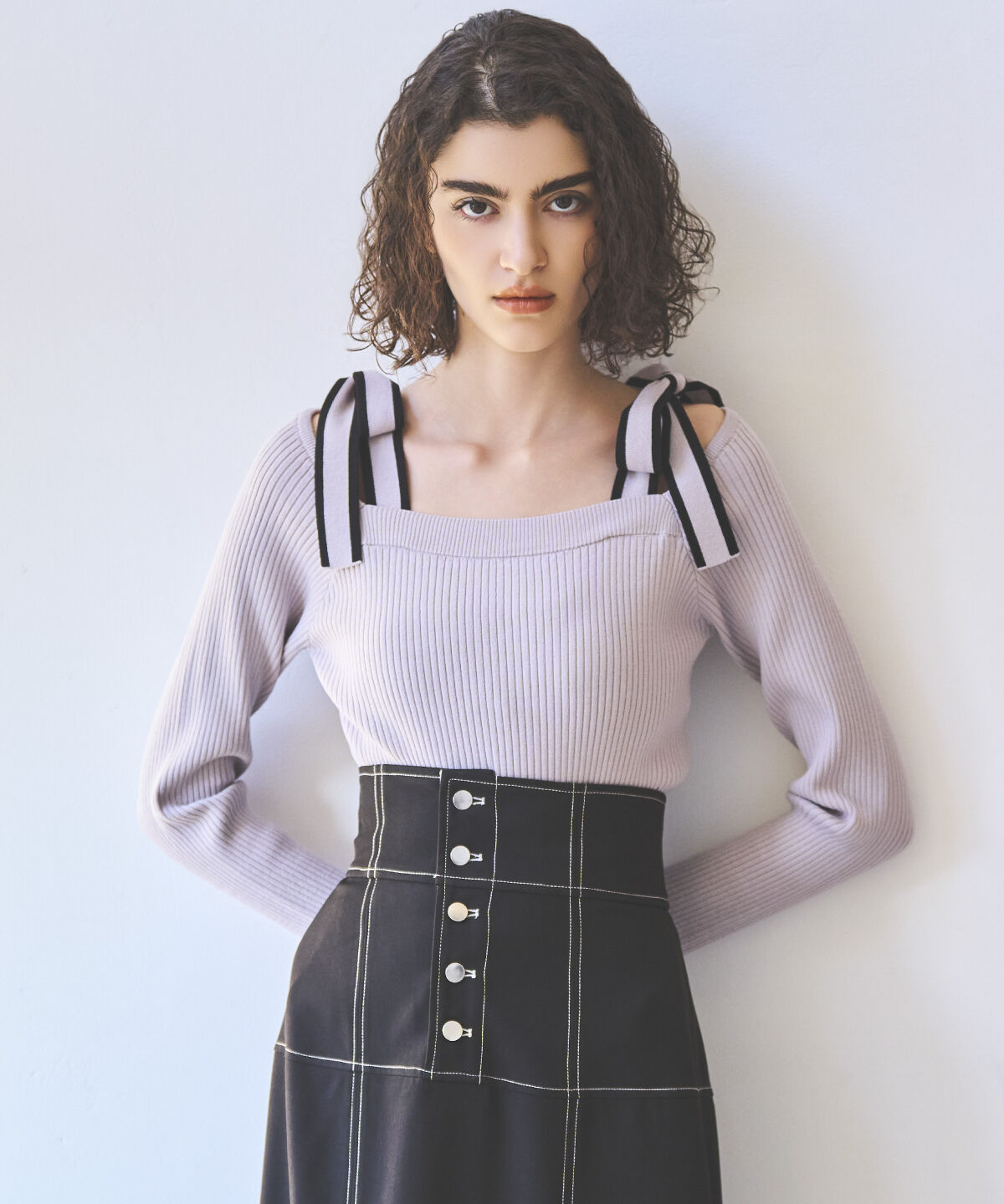 アンドクチュール「配色ショルダーリボンニットプルオーバー」|ニット・セーター|ピンク